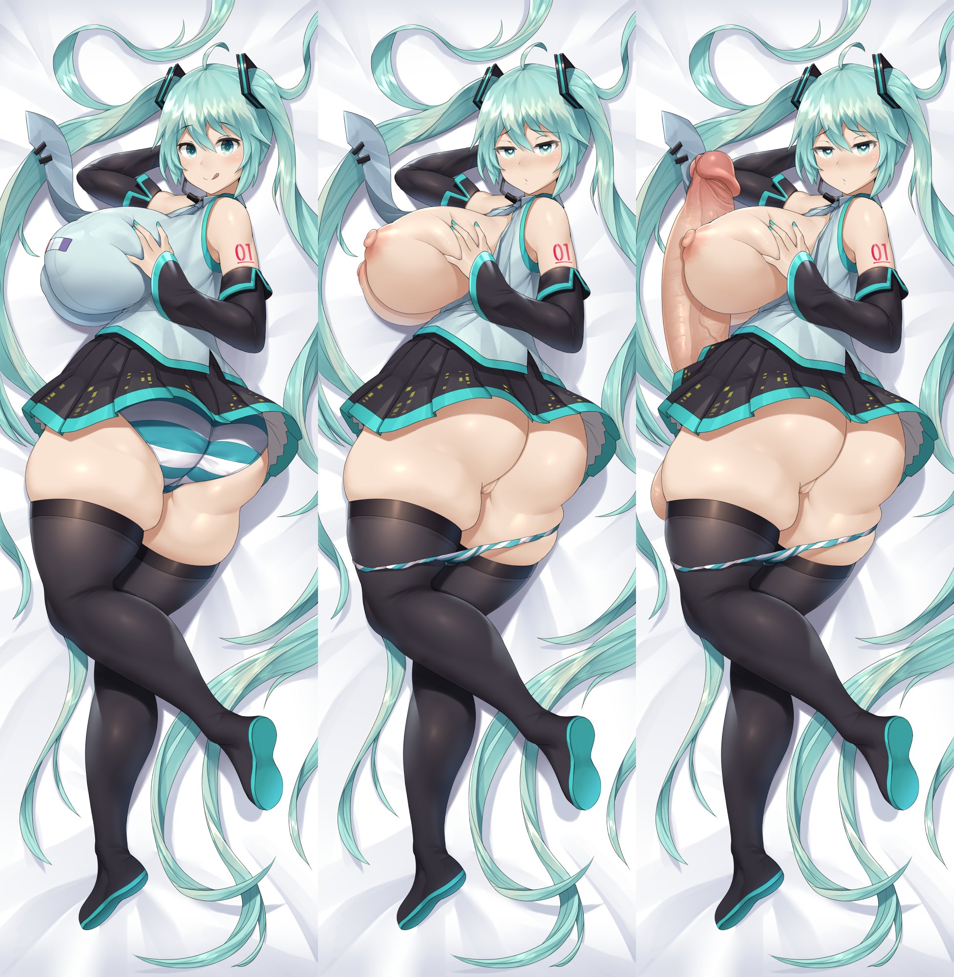 1boy, 1futa, 1girl, 1girls, alternate breast size, aqua eyes, aqua hair, areolae, ass, autopaizuri, balls, bed, bedroom eyes, big ass, big breasts, blush, boots, breasts, clothed, clothing, dakimakura, deep skin, detached sleeves, erection, female, full body, full-package futa, fully clothed, futanari, half-closed eyes, hatsune miku, heart-shaped pupils, hetero, huge balls, huge breasts, huge cock, huge penis, human, intersex, large breasts, light skin, long hair, looking at viewer, lying, multiple images, multiple views, necktie, nipples, on side, on stomach, paizuri, pale skin, panties, panty pull, partially clothed, penis, penis longer than knee, pussy, shiny, shiny skin, sinensian, skindentation, skirt, solo, striped, striped panties, tattoo, thick thighs, thigh boots, thighhighs, thighs, tongue, tongue out, twintails, uncensored, underwear, very long hair, vocaloid, voluptuous