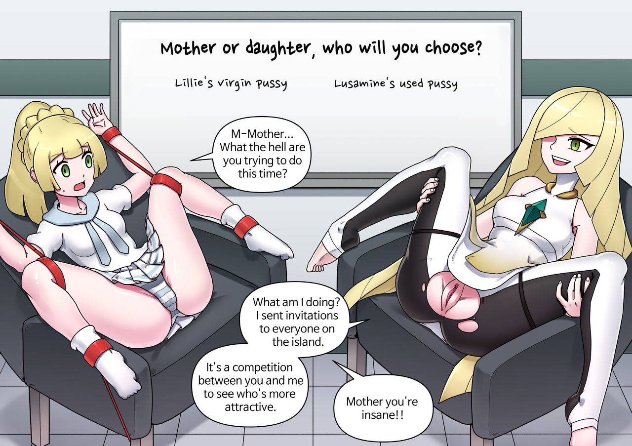 2girls, aether foundation, age difference, bangs, blonde hair, blonde ponytail, bondage, bound, bound arms, bound legs, bound wrists, chair, competition, daughter, english text, female, female focus, female only, game freak, green eyes, hair over one eye, imminent sex, lillie (pokemon), long blonde hair, lusamine (pokemon), mackgee, maggea22, milf, mother, mother and daughter, multiple females, multiple girls, nintendo, panties, pokemon, pokemon sm, ponytail, pussy, short skirt, skirt, sleeveless, socks, spread legs, spread pussy, striped panties, take your pick, text, torn clothes, torn clothing, torn legwear, underwear, upskirt, vagina