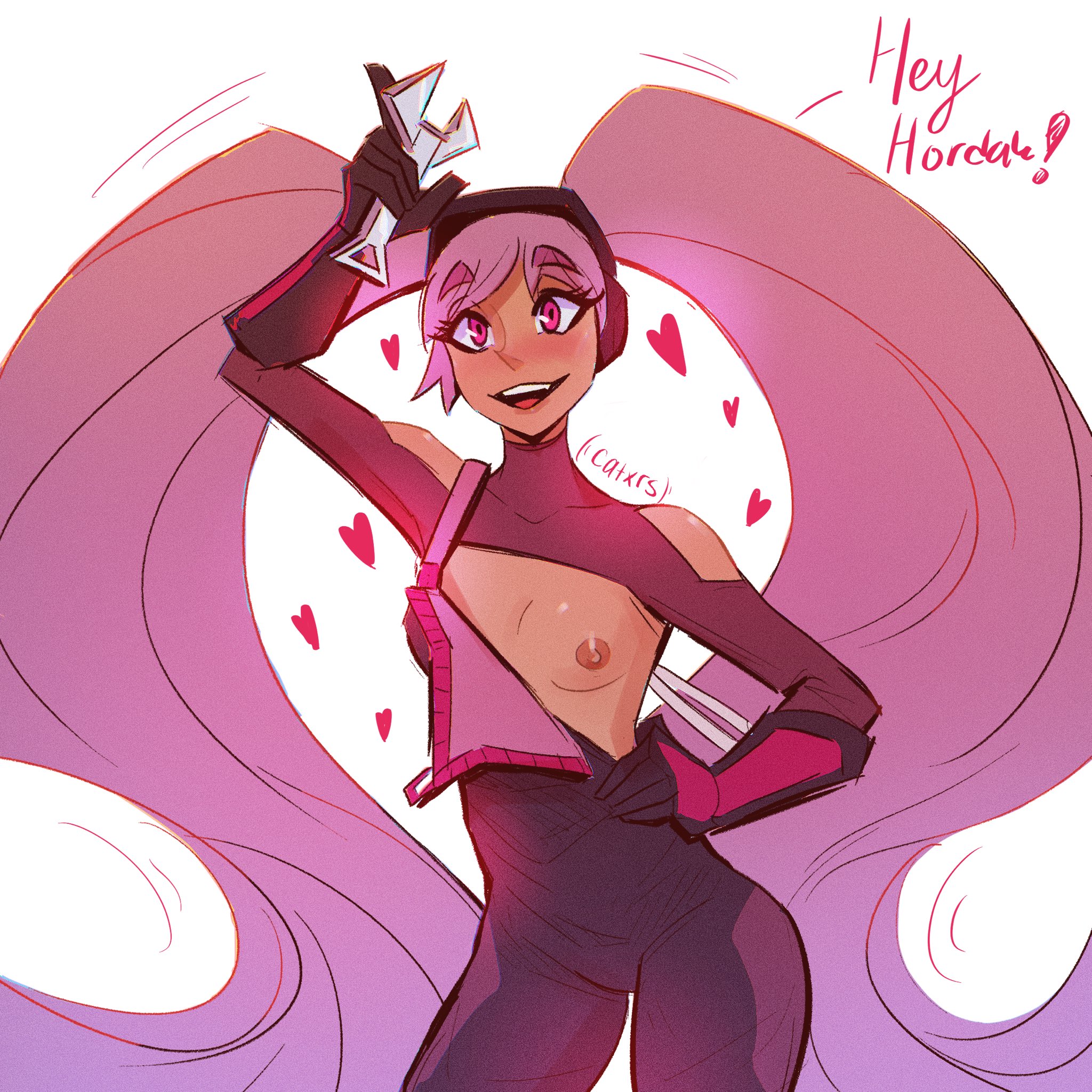 1girls, breasts, catxrs, character name, english text, entrapta, female, flashing, heart, purple hair, red eyes, seductive, she-ra and the princesses of power, signature, small breasts, solo, solo female, tagme, text, twintails, wrench