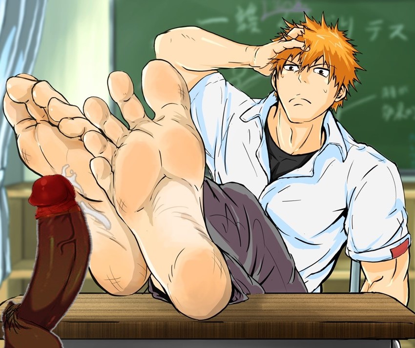 2boys, barefoot, bleach, crossed ankles, cum on foot, dark penis, erection, feet, footjob, gay, ichigo kurosaki, male, male only, original, penis, red glans, uncensored, veiny penis, yaoi