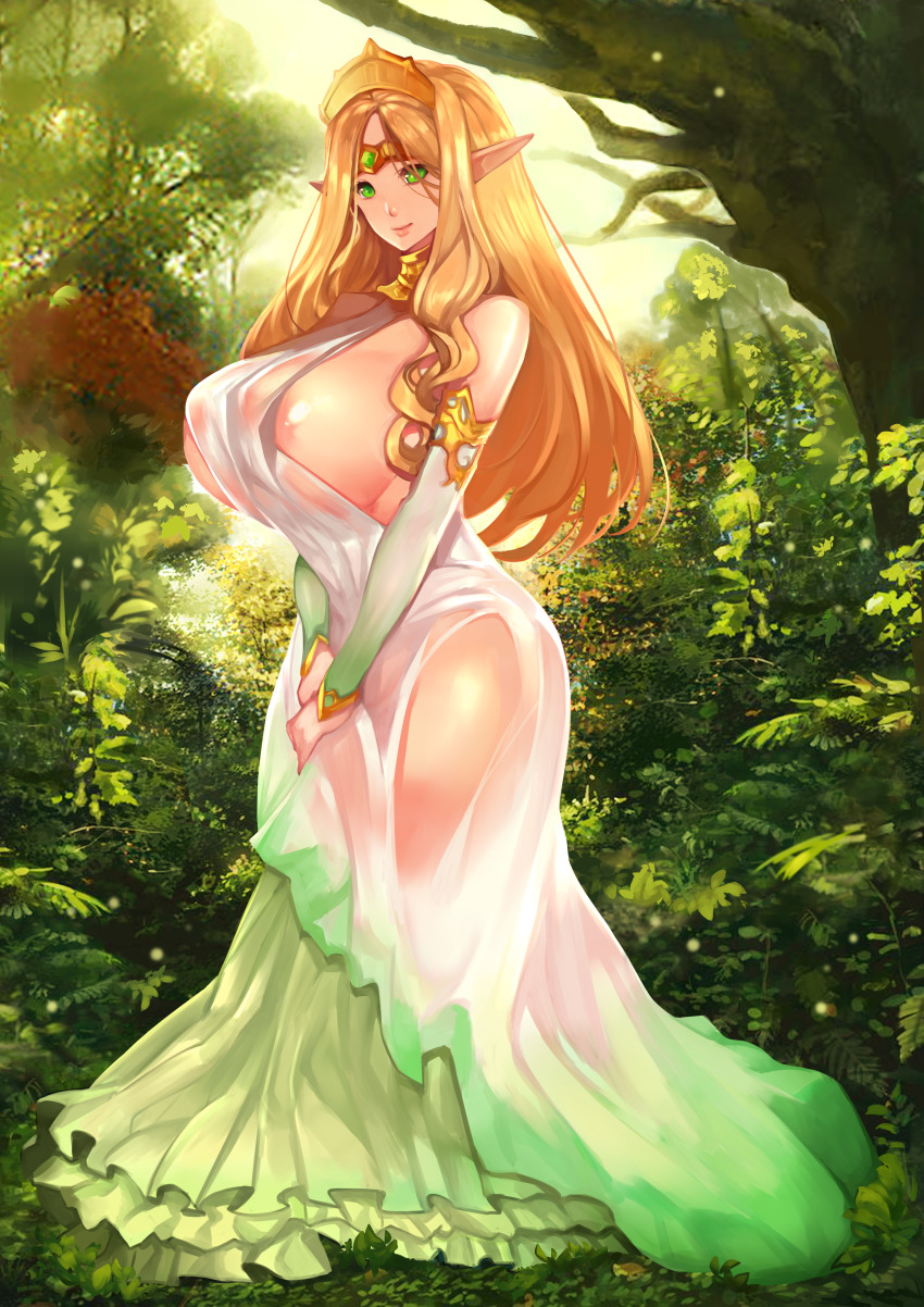 1girls, absurdres, areola slip, areolae, bare shoulders, blonde hair, breasts, circlet, curvy, dress, elf, female, female only, forest, green eyes, highres, hips, huge breasts, long hair, looking at viewer, nature, original, pointy ears, see-through, smile, solo, solo female, standing, tahnya, tree, white dress, wide hips
