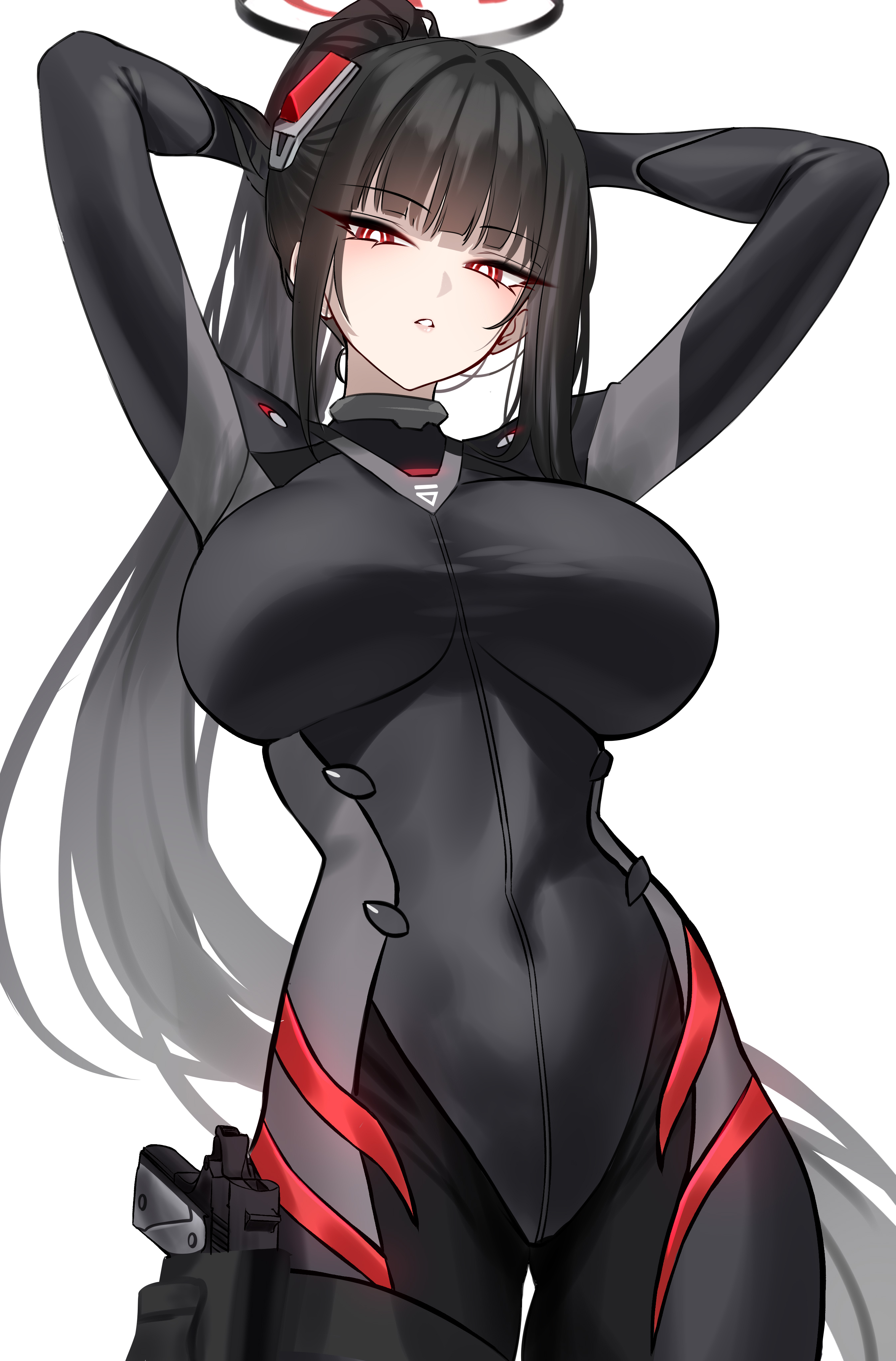 1girls, 2026, adjusting clothes, armpits, arms behind head, big breasts, black hair, blue archive, bodysuit, breasts, clothed, clothing, curvy, curvy figure, female, female only, fully clothed, hi res, huge breasts, light skin, light-skinned female, long hair, looking down, millennium science school student, ponytail, red eyes, rio (armed) (blue archive), rio (blue archive), seminar (blue archive), shigure s, shigushigu90, simple background, solo, video game character, video games, white background, white skin