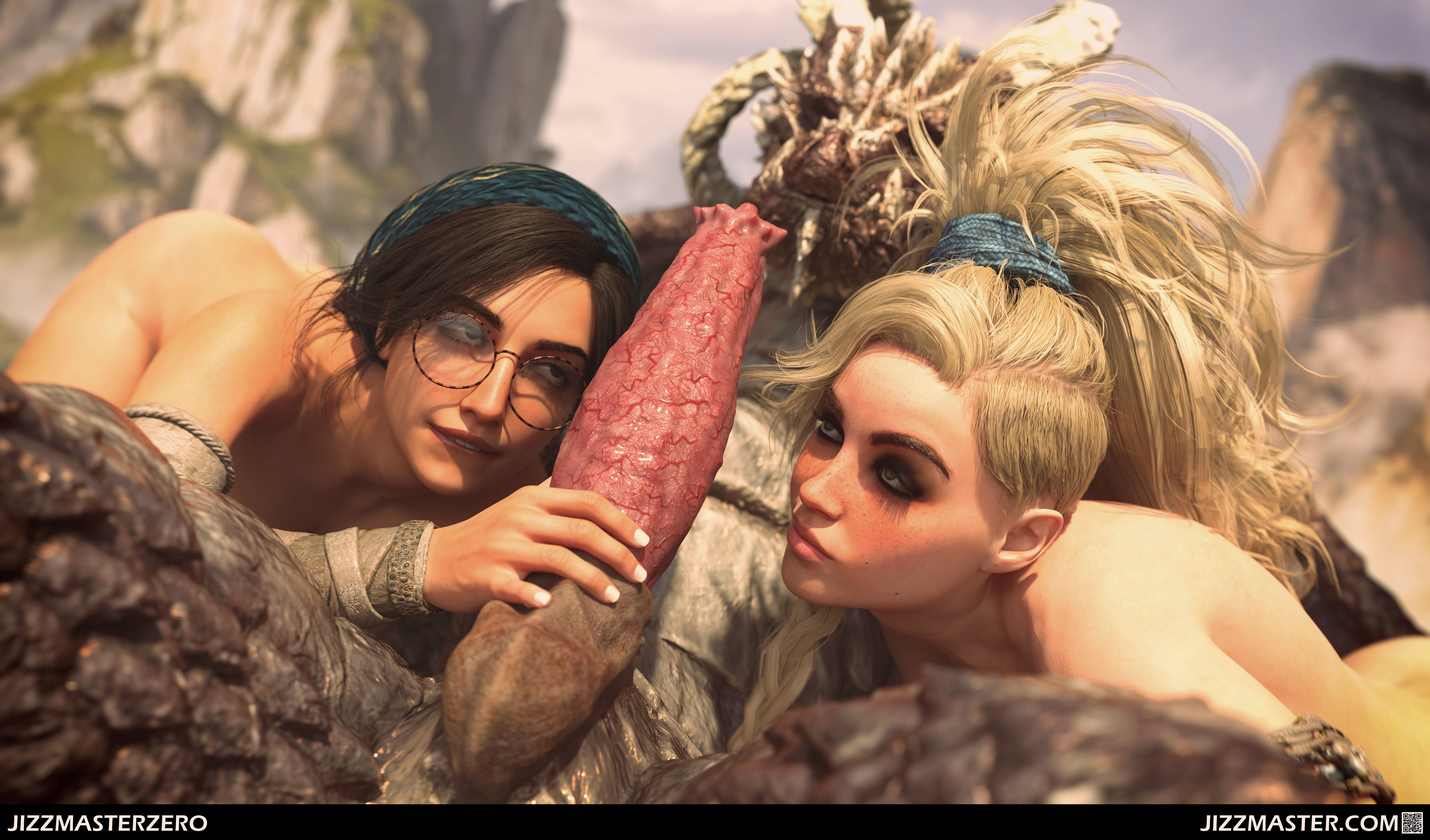 1boy, 2girls, 3d, 3d render, alma (monster hunter wilds), animal genitalia, anthro, blonde hair, blue eyes, braid, brown hair, clothing, daz studio, dragon, dragon horns, erection, eyeshadow, eyewear, female, ffm threesome, freckles, gemma (monster hunter wilds), glasses, group, group sex, hairband, headwear, high resolution, horns, huge cock, jewelry, jizzmasterzero, landscape, large penis, lips, long hair, lying, makeup, male, mascara, monster, monster hunter, monster hunter wilds, multiple girls, nude, on stomach, outdoors, paid reward, penis, ponytail, round eyewear, sex, smile, straight, subscribestar reward, threesome, tied hair, tribal, very high resolution, web address
