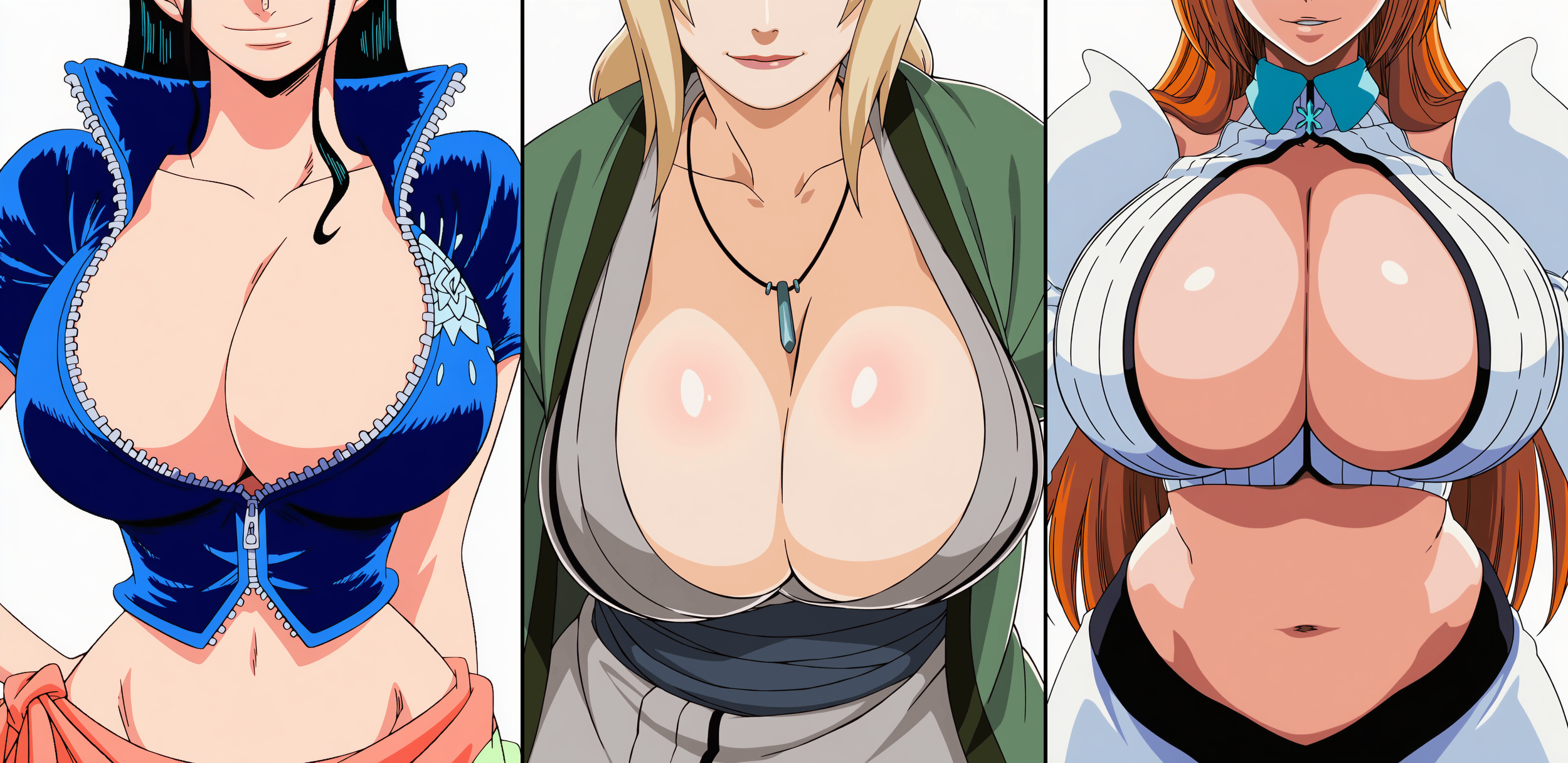 3girls, ai generated, anime style, barely contained, barely contained breasts, barely fits, black hair, bleach, bleach: the thousand-year blood war, blonde hair, breasts focus, breasts too big, bursting breasts, female, female only, huge breasts, imminent wardrobe malfunction, inoue orihime, jacket, mature female, midriff, naruto, naruto (series), naughty face, necklace, nico robin, one piece, orange hair, smile, strained zipper, straining clothing, tight clothes, tight clothing, tight fit, too tight, tsunade, undersized clothes, undersized clothing, zipper
