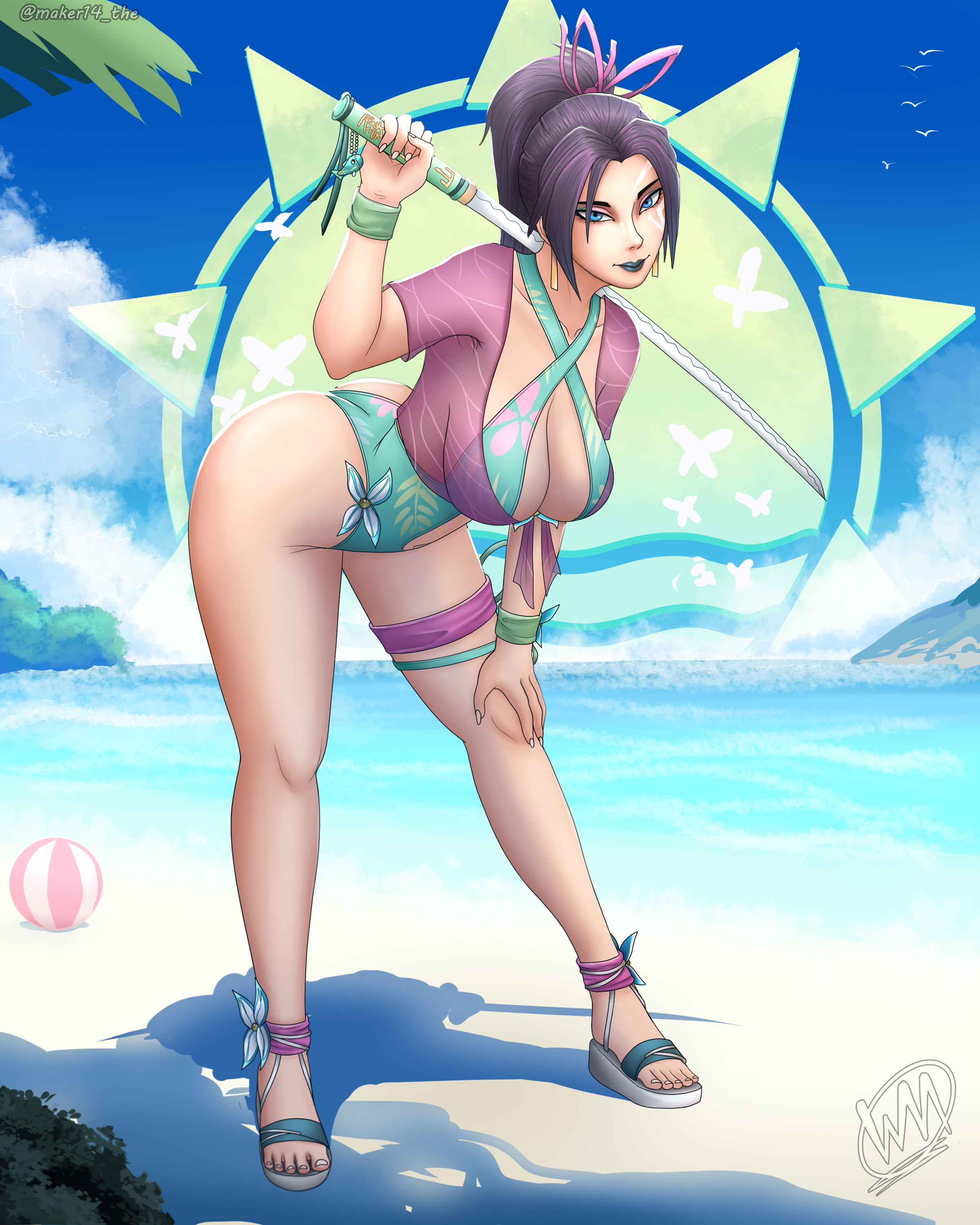 1girls, 2026, 2d, 2d (artwork), artist name, artist signature, background pattern, background symbol, beach, beach background, bent over, big ass, big breasts, blue eyes, blue lipstick, breasts, busty, butterflies, butterfly, day, female, female only, human, human only, katana, large ass, large breasts, lipstick, long hair, looking at viewer, marvel, marvel rivals, melee weapon, pinup, pose, psylocke, psylocke (marvel rivals), psylocke (sai) (breezy butterfly), purple hair, questionable, sandals, solo, solo female, standing, swimsuit, sword, symbol, theworldmaker14, transparent clothing, volleyball, weapon
