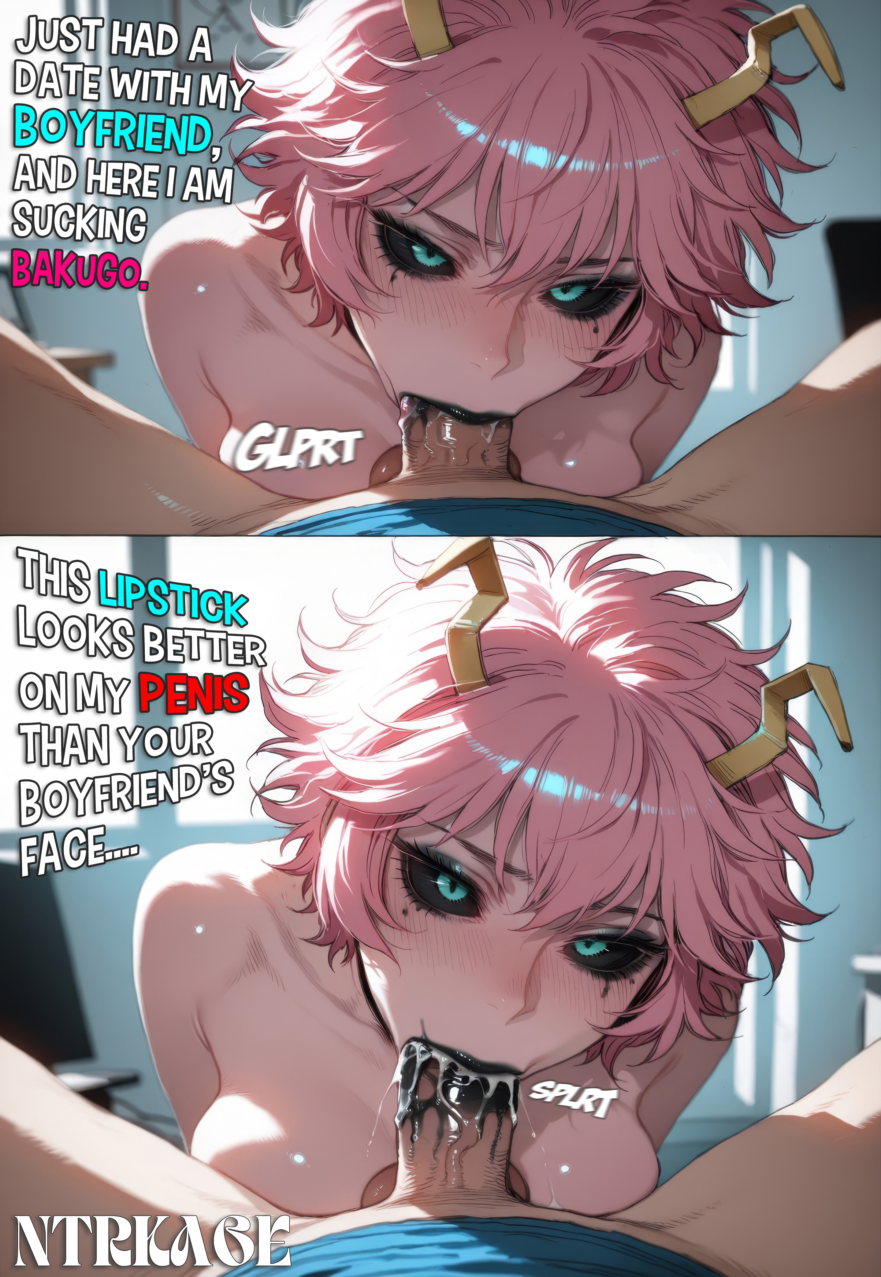 1boy, 1girls, 2 panel comic, ai generated, ashido mina, bakugou katsuki, black eyeshadow, black lipstick, blowjob, blush, cheating, cheating (relationship), cheating boyfriend, cheating female, cheating girlfriend, cuckold, cum, cum in mouth, cumming, deepthroat, english text, fellatio, hi res, highres, katsuki bakugou, lipstick, looking at viewer, makeup, male pov, mina ashido, my hero academia, netorare, ntr, ntrkage, panels, pov, pov male, sound effects