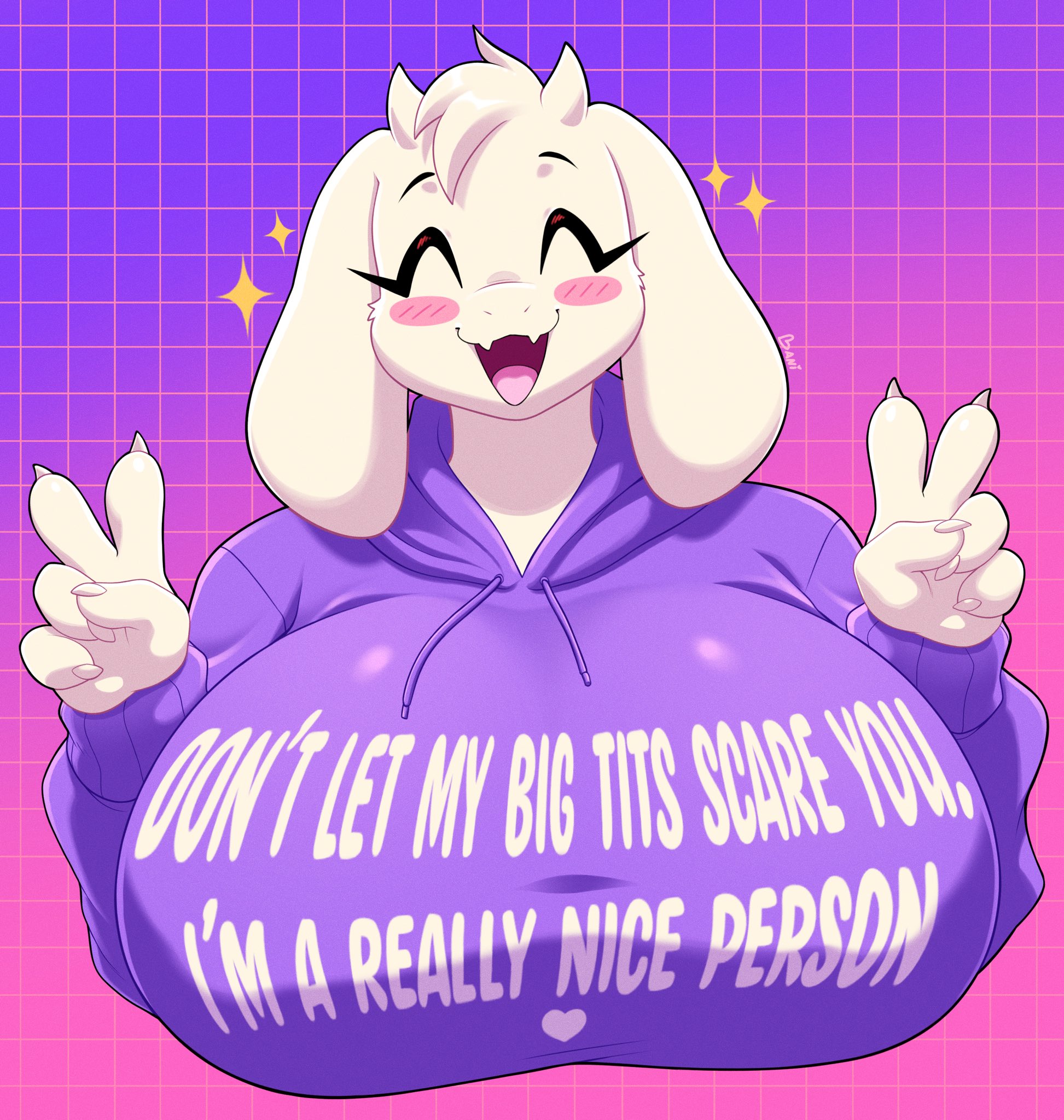 1girls, baniflakes, big boobs, big breasts, boob focus, boobs, breast focus, breasts, deltarune, female, fur, furry, furry ears, furry female, goat, goat ears, goat girl, goat horns, goat humanoid, hoodie, horns, huge breasts, long ears, peace sign, toriel, undertale, undertale (series), wholesome