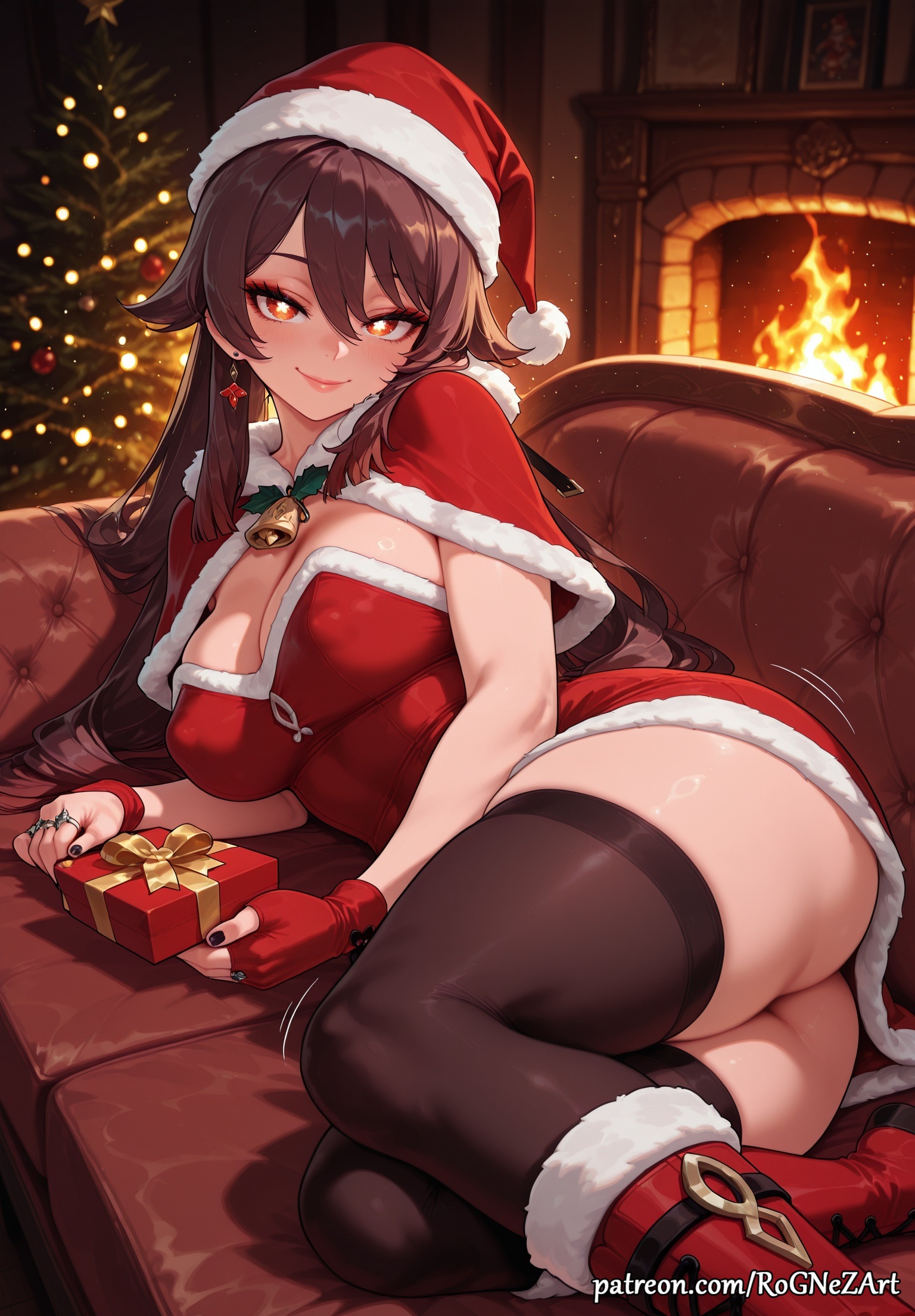 2025, ai generated, alternate costume, anime, ass, bangs, bell, black nails, black thighhighs, blush, boots, box, breasts, brown hair, buttocks, capelet, christmas, christmas tree, cleavage, closed mouth, couch, covered nipples, crossover, dress, earrings, eye contact, female, female focus, female only, fingerless gloves, fire, fireplace, flower-shaped pupils, flushed, fur trim, fur-trimmed capelet, genshin impact, gift, gift box, gloves, hair between eyes, handwear, hat, highres, holding, holding gift, hoyoverse, hu tao (genshin impact), huge breasts, indoors, inside, jewelry, jingle bell, large breasts, long hair, looking at viewer, lying, mihoyo, nail polish, neck bell, neutral expression, nsfw, on couch, on side, patreon, red capelet, red dress, red eyes, red footwear, red gloves, ring, rognezart, santa costume, santa hat, smile, smiling, solo, star (symbol), symbol-shaped pupils, thick thighs, thighhighs, thighs, very long hair