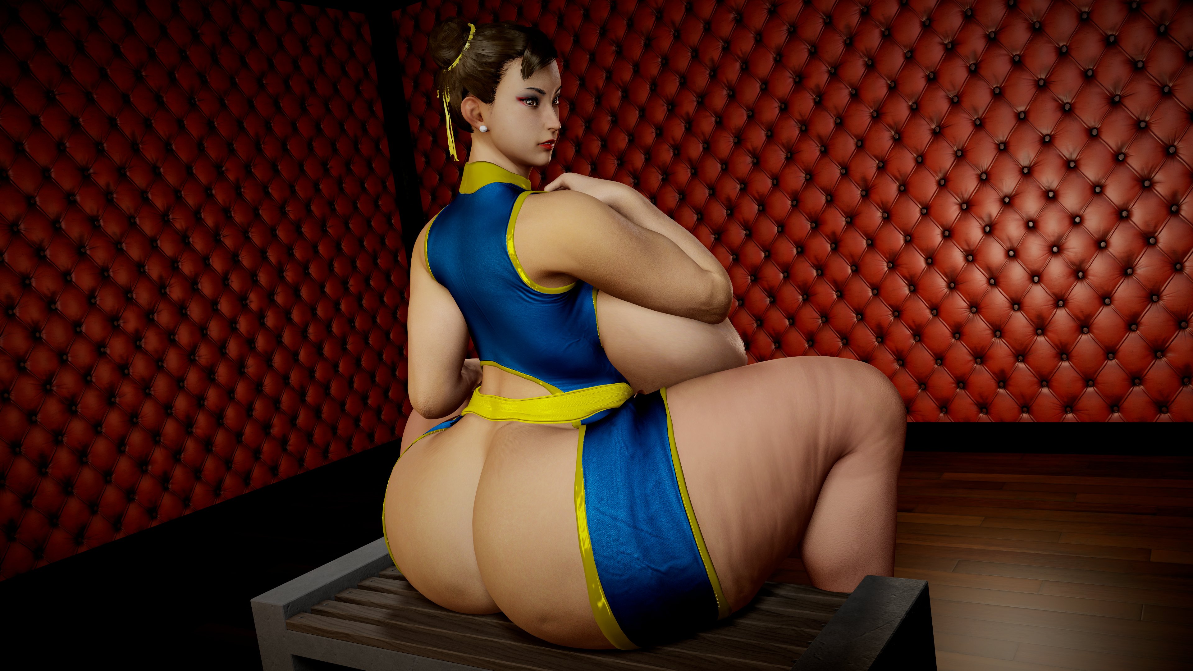 3d, brown eyes, brown hair, cellulite, chun-li, curvy, dumptruck ass, fat ass, female, female only, lipstick, looking at viewer, looking back, short hair, sitting, street fighter, superdougie, thick thighs, wide hips