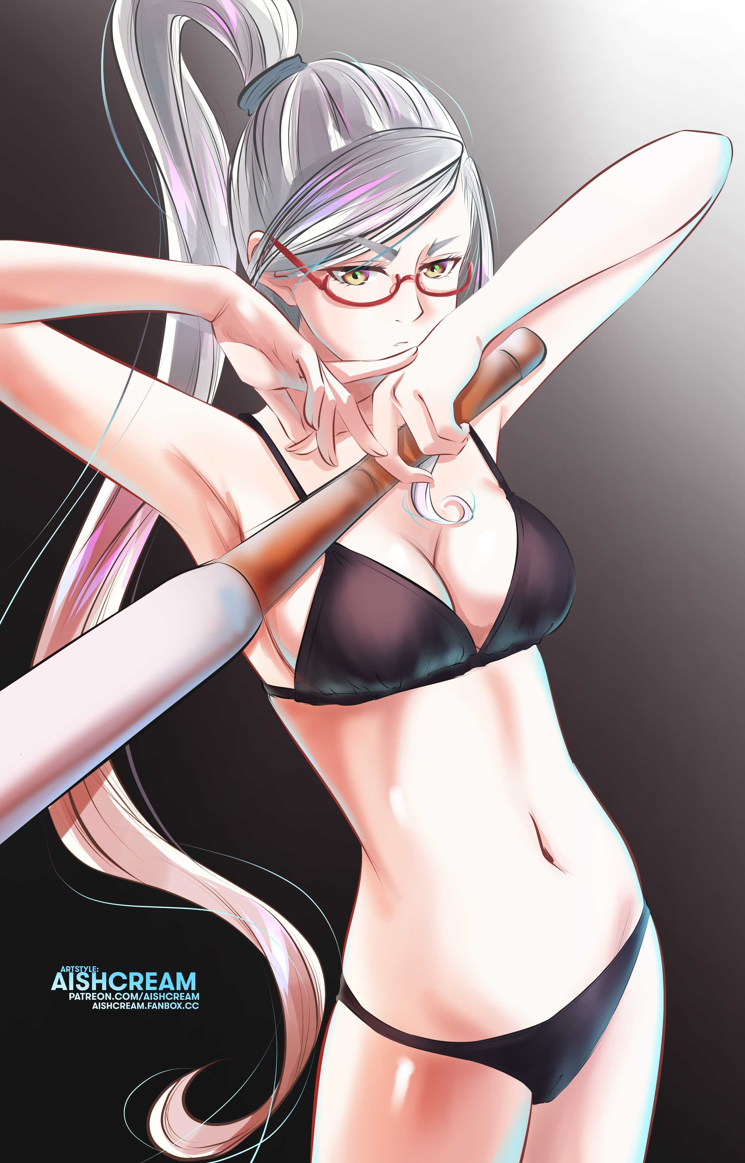 1girls, 2d, 2d (artwork), 2d artwork, adult, adult female, aishcream, arm up, armpit, armpit crease, armpit peek, armpits, arms up, ayase seiko, bare armpits, bare arms, bare belly, bare chest, bare hands, bare hips, bare legs, bare midriff, bare navel, bare shoulders, bare skin, bare thighs, baseball bat, bat, belly, belly button, big breasts, bikini, bikini bottom, bikini only, bikini top, black bikini, black bikini bottom, black bikini top, black swimsuit, black swimwear, breasts, brown eyes, brown-eyed female, busty, busty female, busty girl, cleavage, collarbone, dandadan, dark background, digital, digital art, digital drawing, digital drawing (artwork), digital media, digital media (artwork), elbows, exposed armpits, exposed arms, exposed belly, exposed chest, exposed hips, exposed legs, exposed midriff, exposed navel, exposed shoulders, exposed skin, exposed thighs, eyebrows visible through hair, female, female focus, female only, fingernails, fingers, gilf, glasses, glasses on face, glasses on head, gradient background, grandmother, grey eyebrows, grey hair, grey-haired female, groin, hag, hairless armpits, halterneck, hand up, hands up, high resolution, highres, large boobs, large breasts, lean figure, long hair, mature, mature female, midriff, narrow waist, navel, parted bangs, ponytail, posing, posing for the viewer, presenting armpit, semi-rimless glasses, shaved armpits, shoulders, silver hair, silver hair female, silver-haired female, simple background, slender body, slender waist, slim waist, solo, standing, string bikini, swimsuit, swimwear, thighs, under-rim glasses, upper body, white background