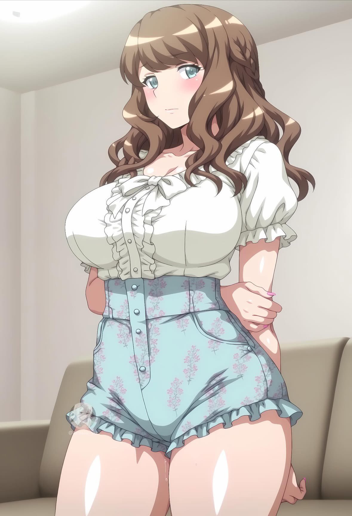 1girls, ai generated, arisato yu, ass, ayami (ecchi na onee-chan ni shiboraretai), blush, breasts, clothed, clothed female, ecchi na onee-chan ni shiboraretai, female, hips, light skin, light-skinned female, pussy juice, pussy juice drip, thick thighs, thighs, vaginal fluids, wide hips