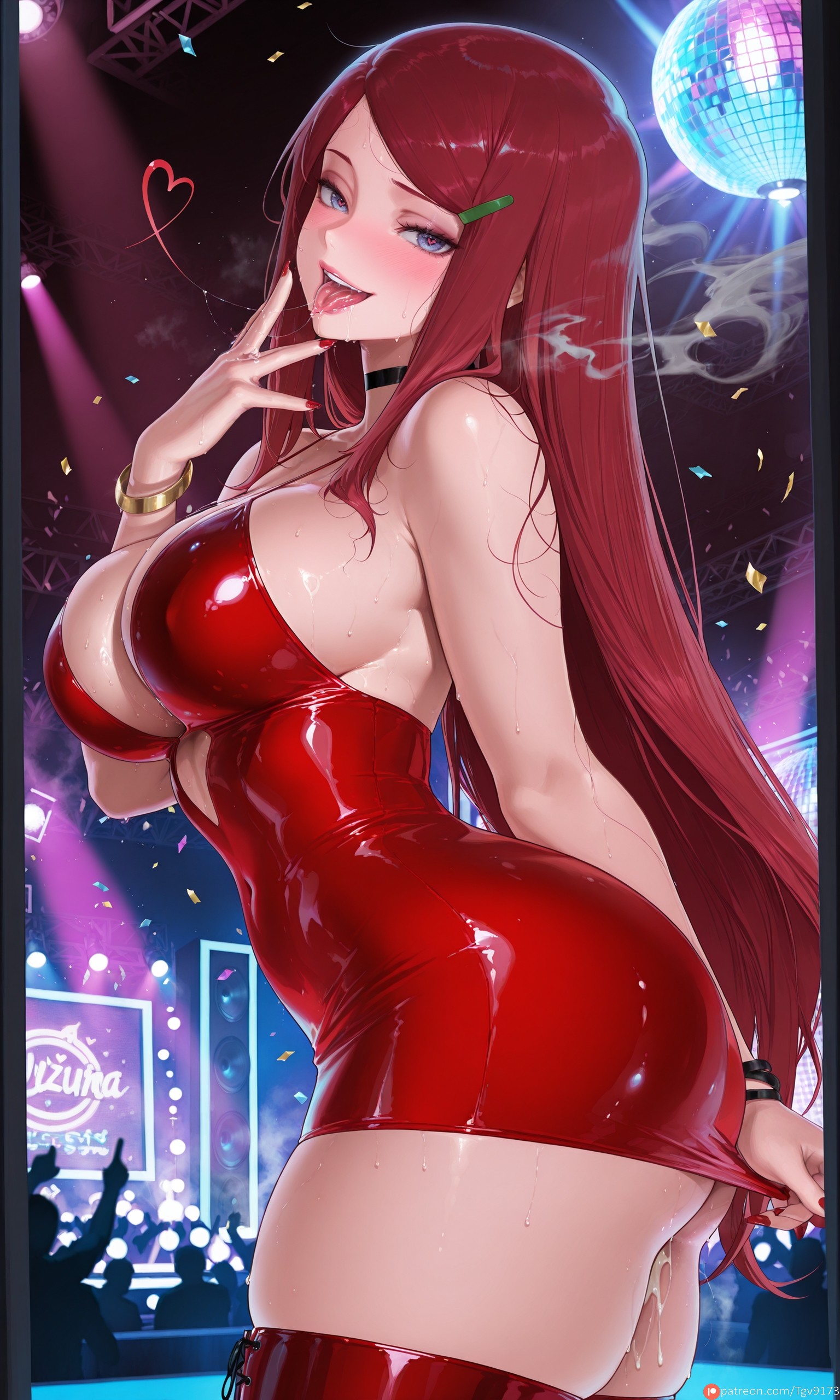 ai generated, ass, bangs, bare shoulders, bimbo, blue eyes, blush, bracelet, breasts, choker, cigarette, cleavage, clothes pull, commission, commissions open, confetti, cowboy shot, crowd, cum, dress, dress tug, exhibitionism, female, from side, hair ornament, hairclip, heart, jewelry, kushina uzumaki, large breasts, lipstick, long hair, looking at viewer, makeup, nail polish, naruto, naruto (series), naughty face, open mouth, parted bangs, piercing, prostitution, public indecency, pussy juice, red dress, red hair, red lips, red nails, red thighhighs, self upload, shiny, shiny clothes, shiny skin, short dress, sidelocks, skindentation, smile, smoking, solo, standing, stripper, sweat, swept bangs, teeth, tgv9173, thighhighs, thighs, tongue, tongue out, uzumaki kushina, very long hair