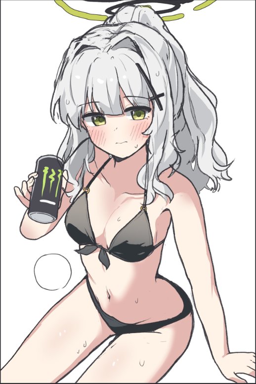 1girls, 2d, 2d (artwork), 2d artwork, ass, bare armpits, bare arms, bare belly, bare chest, bare hands, bare hips, bare legs, bare midriff, bare navel, bare shoulders, bare skin, bare thighs, belly, belly button, bikini, bikini bottom, bikini only, bikini top, black bikini, black bikini bottom, black bikini top, black swimsuit, black swimwear, blue archive, blush, blush face, blushing at viewer, blushing female, blushing lines, breasts, center-flap bangs, cleavage, collarbone, digital, digital art, digital drawing, digital drawing (artwork), digital media, digital media (artwork), double-parted bangs, embarrassed, embarrassed expression, embarrassed female, exposed armpits, exposed arms, exposed belly, exposed chest, exposed hips, exposed legs, exposed midriff, exposed navel, exposed shoulders, exposed skin, exposed thighs, eyebrows visible through hair, female, female focus, female only, fingernails, fingers, flustered, flustered female, front-tie bikini, front-tie bikini top, green eyes, green halo, green-eyed female, groin, hair ornament, halo, halterneck, hare (blue archive), high resolution, highres, lean figure, long hair, looking at viewer, midriff, mureniii, narrow waist, navel, petite, petite body, petite breasts, petite female, petite girl, petite tits, ponytail, pubic hair, pussy, shoulders, simple background, sitting, slender body, slender waist, slim waist, small breasts, solo, string bikini, swimsuit, swimwear, thigh gap, thighs, upper body, wavy hair, white background, white eyebrows, white hair, white-haired female