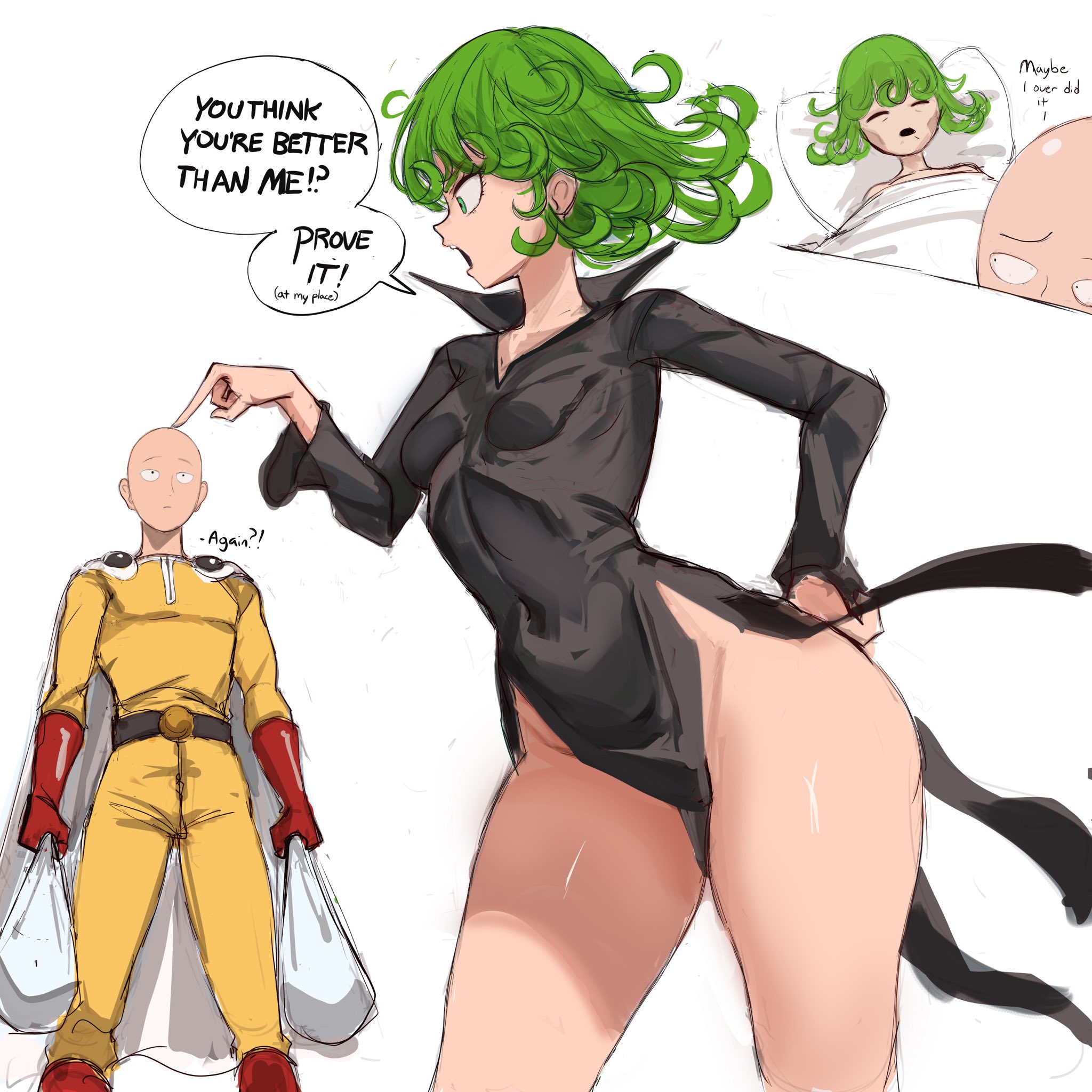 1boy, 1boy1girl, 1girls, 2d, aftermath, asking for it, asking for sex, asserting dominance, assertive, assertive female, bald, big ass, big butt, black dress, canon couple, child bearing hips, cute, defeated, defeated female, defeated heroine, demanding, demanding sex, emotionless, emotionless male, female, funny, green eyes, green hair, groceries, guy tired after sex (meme), hero, heroine, highres, horny, horny female, male, male/female, muscular, muscular male, no panties, one-punch man, play, playing, powerful, rakeemspoon, role reversal, saitama, short hair, simple background, sleeping, sleeping female, small breasts, superhero, superheroine, tatsumaki, thighs, tomboy, white background, wide hips