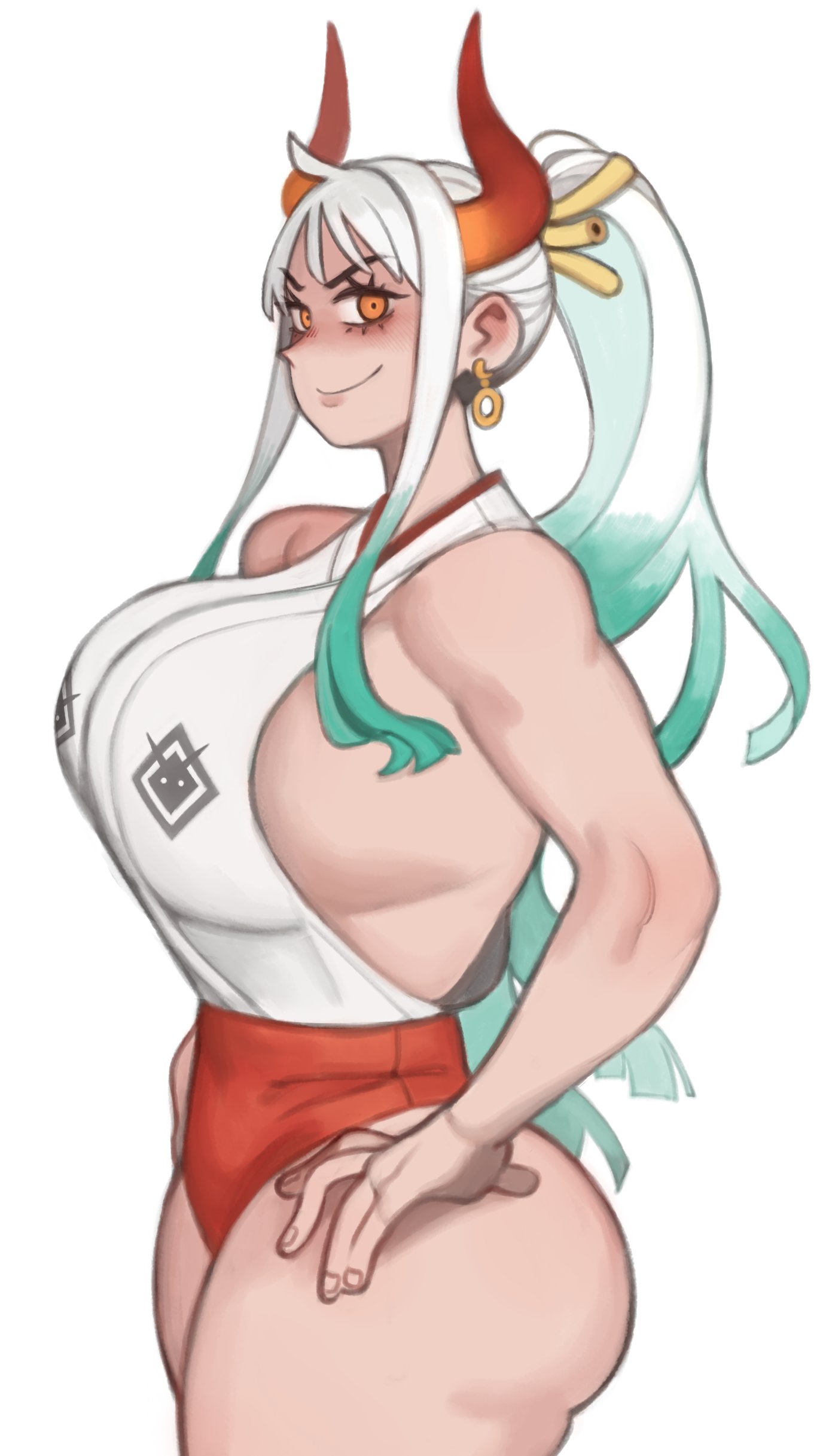 1girls, 2026, 2d, 2d (artwork), ass, blue hair, breasts, clothed, clothed female, clothing, female, female only, hair, high resolution, horns, kelvin hiu, lips, long hair, looking at viewer, ombre hair, one piece, side view, smile, smiling, smiling at viewer, solo, two-tone hair, white hair, white-haired female, yamato (one piece)