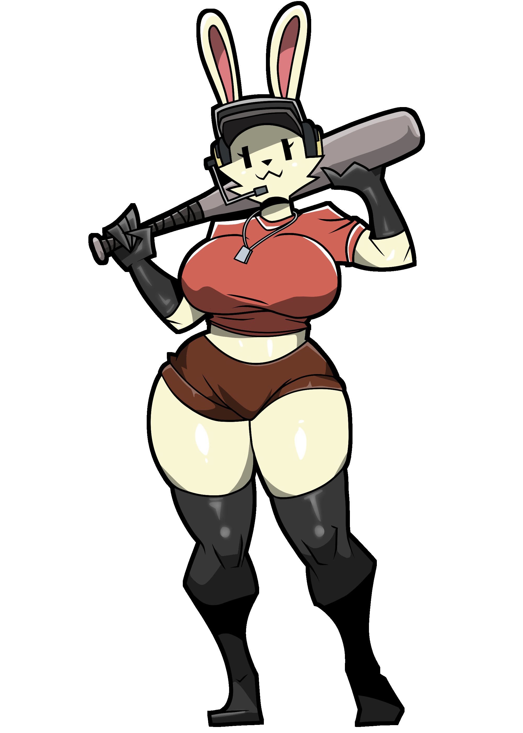 1anthro, 1female, 1girls, 2d, akumufluffy, anthro, anthro female, anthro only, armwear, bat, beige fur, big ass, big breasts, big thighs, blonde fur, bunny ears, bunny girl, clothed, clothed female, clothing, female, female only, fully clothed, furry, furry female, furry only, gloves, headphones, holding weapon, legwear, lucy (usernamecipher), lucy the bun, posing, rabbit, shorts, smile, smiling, smiling at viewer, solo, solo anthro, solo female, standing, tail, team fortress 2, tf2, thick thighs, thighhighs, voluptuous, voluptuous female, wide hips