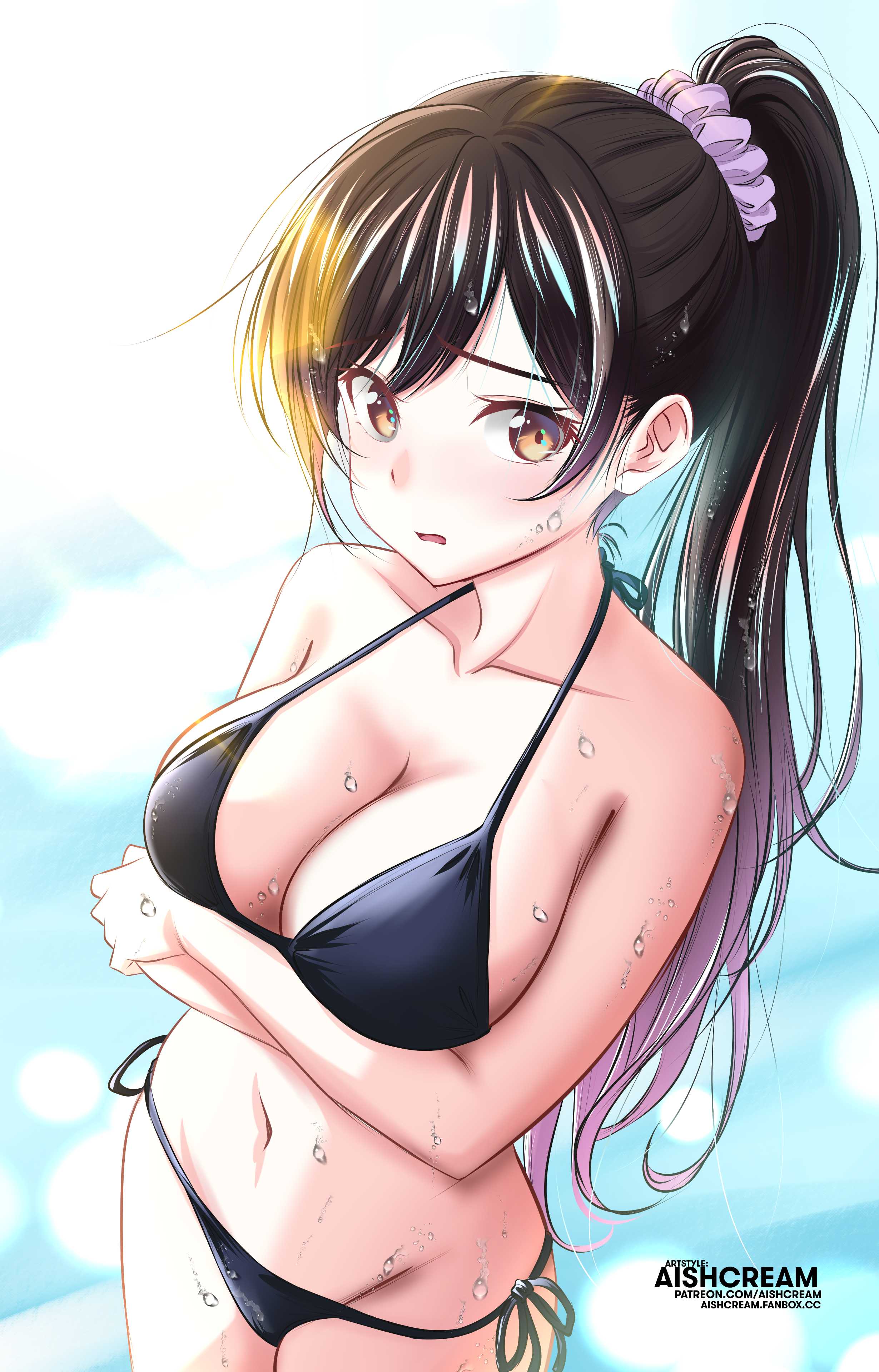 1girls, 2d, 2d (artwork), 2d artwork, aishcream, arm under breasts, arms crossed, arms crossed under breasts, arms under breasts, back-tie bikini, back-tie swimwear, bare arms, bare belly, bare chest, bare hands, bare hips, bare legs, bare midriff, bare navel, bare shoulders, bare skin, bare thighs, belly, belly button, big breasts, bikini, bikini bottom, bikini only, bikini top, black bikini, black bikini bottom, black bikini top, black swimsuit, black swimwear, blurred background, blurry background, breasts, brown eyebrows, brown hair, brown-haired female, busty, busty female, busty girl, busty teen, cleavage, collarbone, crossed arms, curvaceous, curvaceous body, curvaceous female, curvaceous figure, curvaceous hips, curvaceous teen, curvy, curvy body, curvy female, curvy figure, curvy hips, curvy teen, digital, digital art, digital drawing, digital drawing (artwork), digital media, digital media (artwork), dripping wet, elbows, exposed arms, exposed belly, exposed chest, exposed hips, exposed legs, exposed midriff, exposed navel, exposed shoulders, exposed skin, exposed thighs, eyebrows visible through hair, female, female focus, female only, fingers, groin, halterneck, high resolution, high school student, highres, hourglass figure, inguinal crease, inguinal ligament, kanojo okarishimasu, large boobs, large breasts, lean figure, legs closed, legs together, long hair, looking at viewer, midriff, mizuhara chizuru, narrow waist, navel, open mouth, parted lips, ponytail, school girl, shoulders, side-tie bikini, simple background, slender body, slender waist, slim waist, soaked, solo, standing, string bikini, swimsuit, swimwear, teen girl, teenage girl, teenage tits, teenager, thighs, thighs together, tongue, upper body, wet, wet belly, wet bikini, wet body, wet breasts, wet face, wet hair, wet skin, wet swimsuit, white background, wide hips, young female, young woman