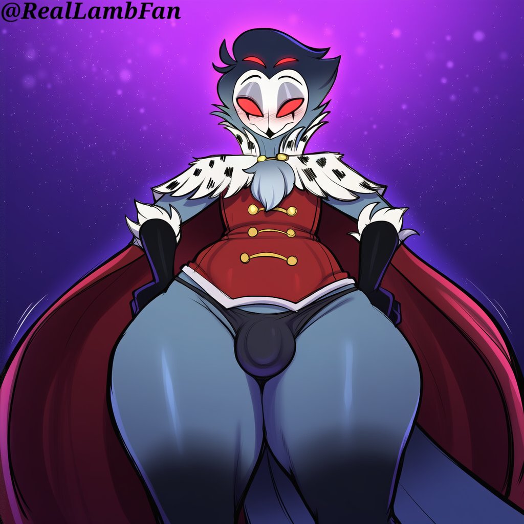 ai generated, anthro, anthropomorphic, aroused expression, avian, beak, bird, black beak, black gloves, black underwear, blue feathers, blush, bulge, bulge outline, cape, clothed, clothing, collar, crown, demon, feathered tail, feathers, focus on bulge, front view, gloves, glowing background, goetia, gold buttons, golden crown, grin, half closed eyes, helluva boss, jacket, looking at viewer, lower body, male, owl, pants down, partially clothed, presenting, presenting bulge, pulling down pants, purple background, reallambfan, red cape, red eyes, red jacket, smirk, solo, spotted collar, starry background, stolas (helluva boss), suggestive, tail, teasing, thick thighs, tight underwear, underwear, white feathers, wide hips