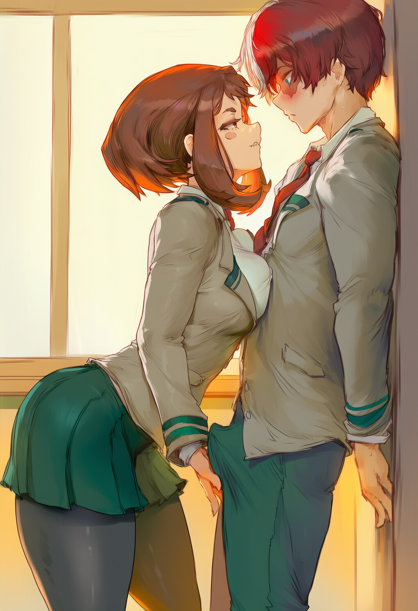 1boy, 1girls, ai generated, big ass, big breasts, boku no hero academia, brown hair, brown-haired female, erect penis, erection, erection under clothes, hand on penis, lucakp, my hero academia, ochako uraraka, red hair, red-haired male, school uniform, schoolgirl, shouto todoroki, student, two-tone hair, uniform, white hair
