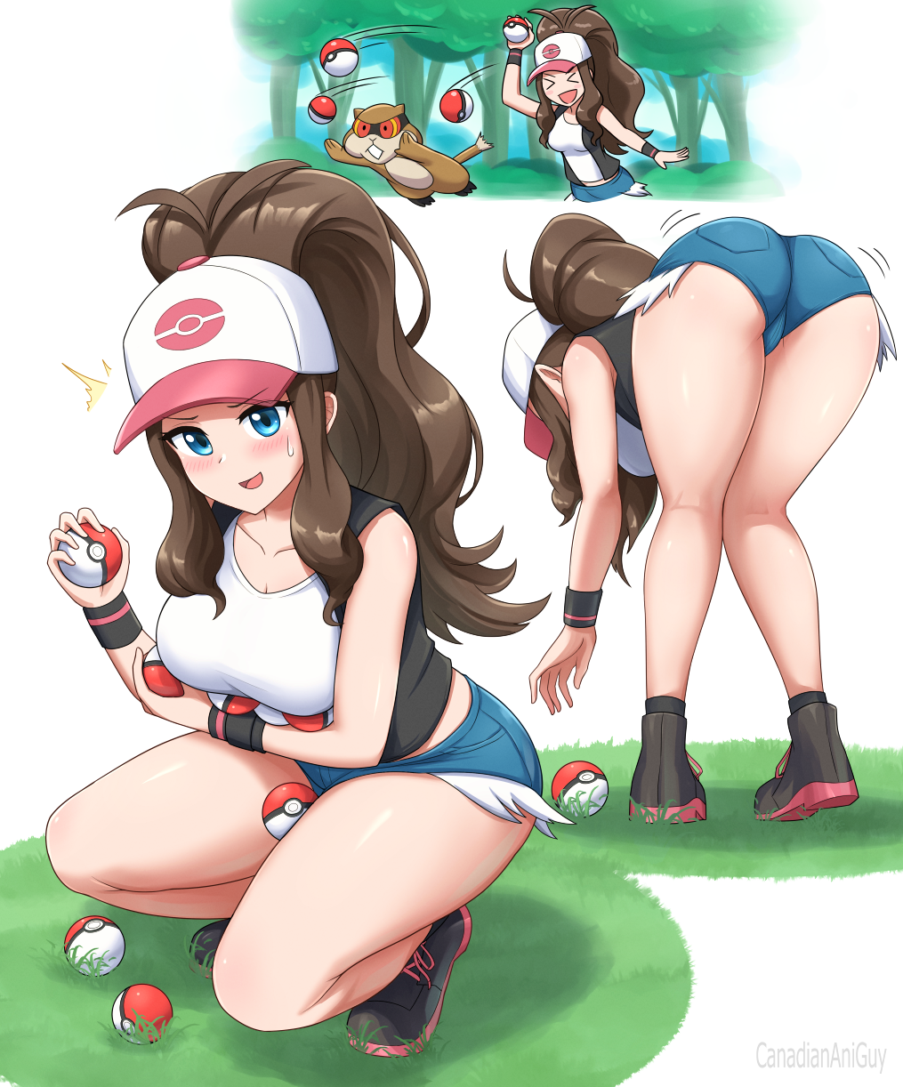 :d, > <, arm under breasts, ass, ass hanging out, ass hanging out of shorts, ass shake, ass wiggle, baseball cap, bent over, black shoes, blue eyes, blush, booty shorts, breasts, brown hair, canadiananiguy, cleavage, commentary, denim, denim shorts, english commentary, female, grass, hat, high ponytail, highres, hilda (pokemon), holding, holding poke ball, huge ass, long hair, medium breasts, multiple views, patrat, poke ball, poke ball (basic), pokemon, pokemon (creature), pokemon bw, ponytail, shoes, short shorts, shorts, simple background, smile, thighs, throwing, throwing poke ball, very long hair, white background