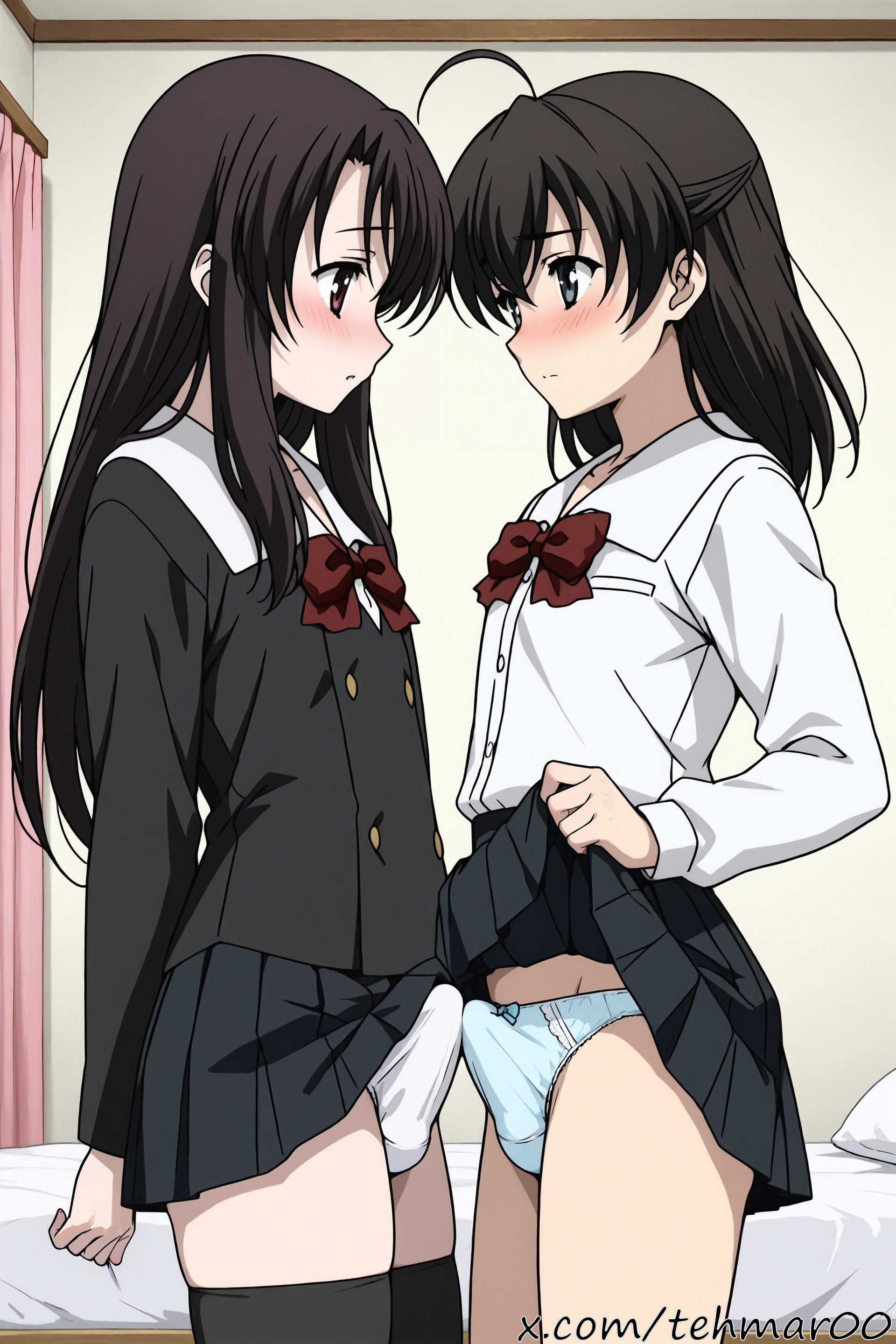 2boys, ahoge, ai generated, bed, bedroom, black hair, black skirt, blue panties, blush, bow, bowtie, bulge, closed mouth, clothes lift, curtains, erection, erection under clothes, femboy, genderswap (ftm), grey eyes, indoors, katsura kotonoha, lifted by self, long hair, long sleeves, looking at another, male, male only, panties, penis, pleated skirt, purple eyes, red bow, red bowtie, rule 63, saionji sekai, school days, school uniform, shirt, skirt, skirt lift, standing, tagme, tehmar, testicles, thighhighs, trans woman, transfem, trap, underwear, yaoi