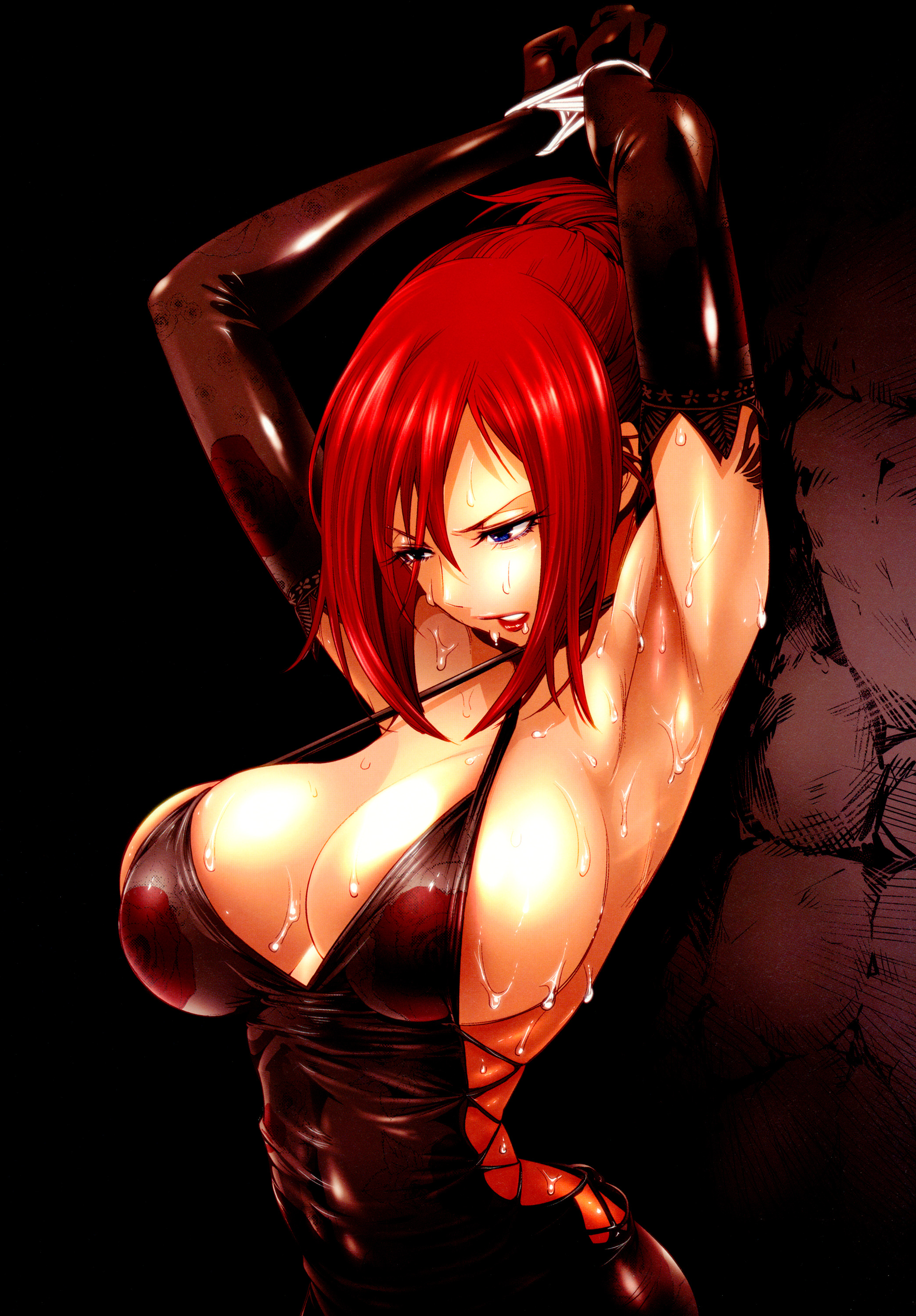 1girls, absurdres, akira hiramoto, arm tattoo, armpits, arms up, bare shoulders, bdsm, black dress, black gloves, blue eyes, bondage, bound, bound arms, bound wrists, breasts, cleavage, covered navel, criss-cross halter, dress, elbow gloves, erza scarlet, fairy tail, folded ponytail, gloves, halter dress, halterneck, highres, hiramoto akira, large breasts, lips, long hair, non-web source, official art, parted lips, red hair, red-haired female, restrained, short hair, skin tight, skindentation, solo, strap gap, sweat, tattoo