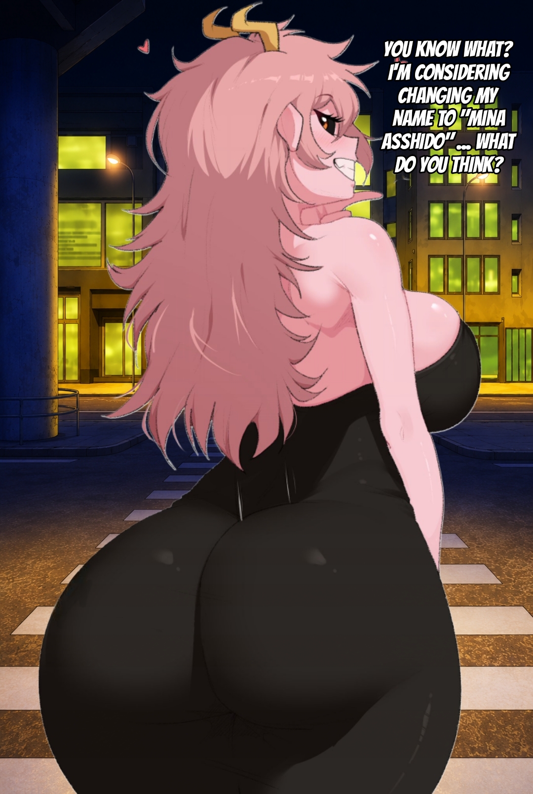 1girls, ass, ass of the gods, big ass, black dress, boku no hero academia, boku no hero academia (finale), breasts, bubble butt, canon, clothing, fat ass, female, female only, gluteal fold, horns, huge ass, huge breasts, large ass, long hair, majestic ass, massive ass, mina ashido, mina ashido time-skip, my hero academia, my hero academia (finale), pink body, pink hair, post-timeskip, shounen jump, side view, solo, thick ass, thick thighs, thunder thighs, tidal (artist), white background, wide hips