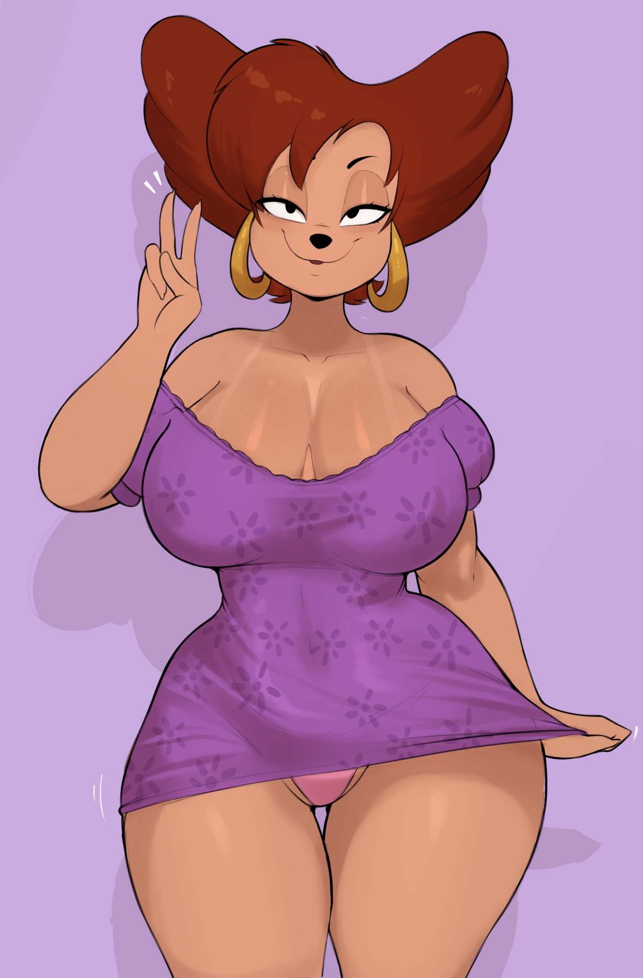 1girls, anthro, big breasts, black eyes, bottomwear, breasts, brown hair, clothing, disney, dress, ear piercing, earrings, female, female only, goof troop, hair, hips, hoop earrings, huge breasts, mature, mature female, mature woman, milf, mother, panties, peace sign, peg pete, pink panties, purple dress, red head, short dress, solo, solo female, thick thighs, topwear, usnarbit, wide hips
