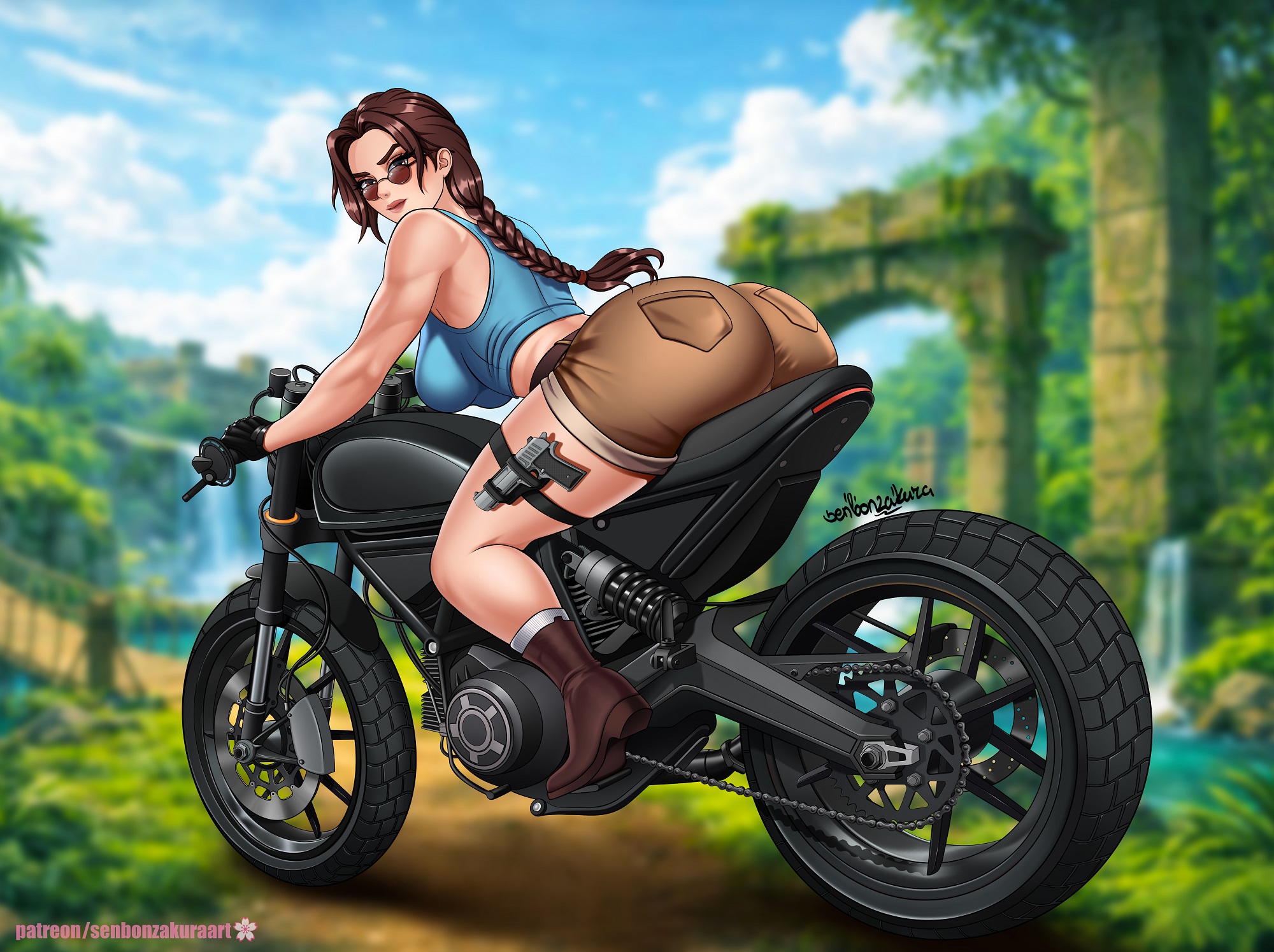1girls, alluring, ass, ass too big, barely contained, barely contained ass, barely fits, big ass, big butt, big hips, big thighs, bike, biker, biker girl, breasts, brown eyes, brown hair, curvy, enticing, female, female focus, female only, girl solo, glasses, gloves, hips, human, lara croft, lara croft (classic), legs female, lipstick, long hair, looking at viewer, looking over eyewear, looking over sunglasses, medium breasts, medium hair, motor vehicle, motorcycle, motorcycle position, muscles, muscular, muscular arms, muscular female, only girl, only woman, ponytail, senbonzakuraart, shirt, shorts, side view, solo, solo female, solo focus, solo girl, solo woman, sunglasses, tan skin, thicc, thick hips, thick legs, thick thighs, thigh highs, thighhighs, thighs, tinted eyewear, tomb raider, tomb raider (classic), voluptuous, voluptuous female, wide hips, wide thighs, woman only, woman solo