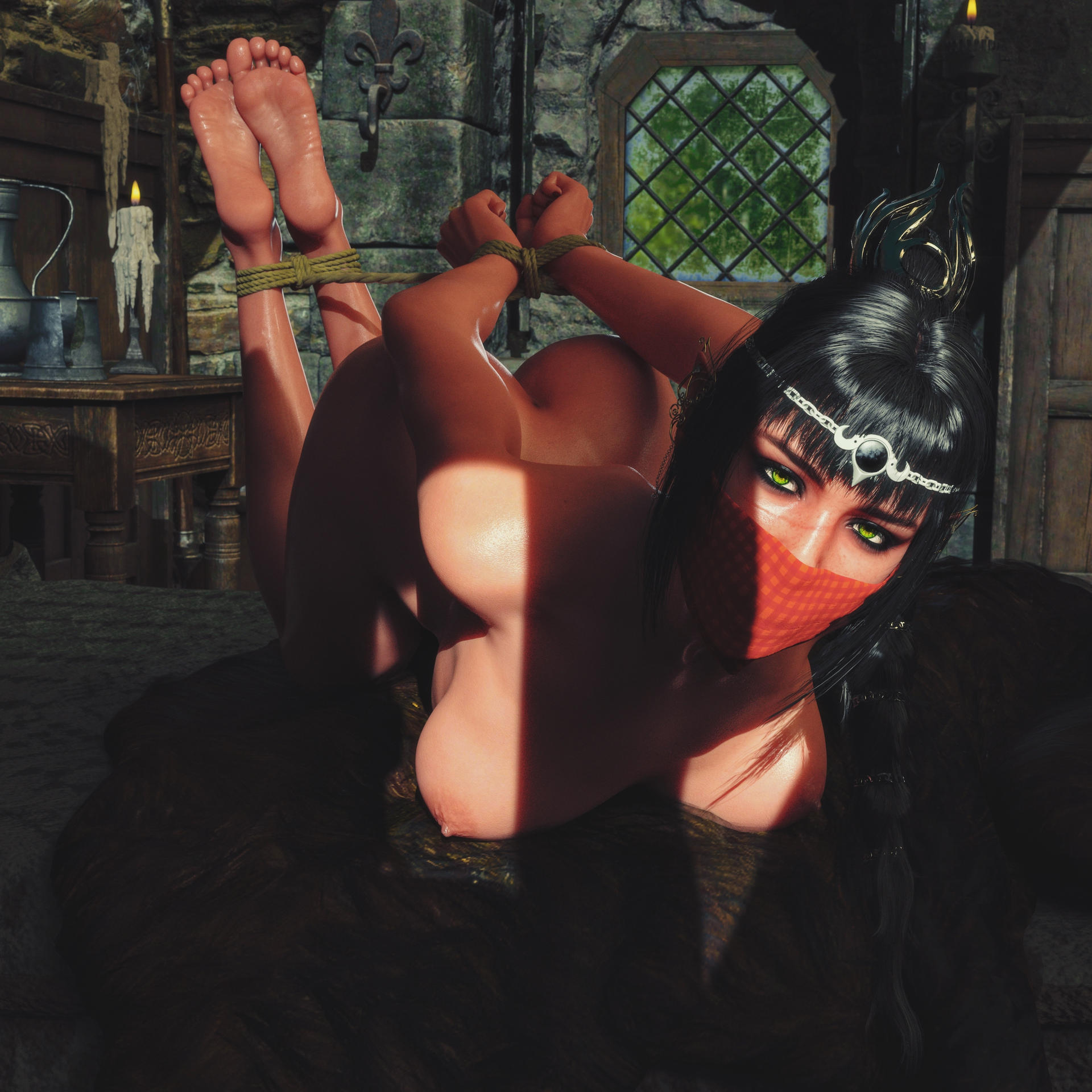 1girls, 3d, 3d render, baldur's gate, baldur's gate 3, bangs, black hair, bondage, braid, captured, daz studio, dungeons and dragons, elf, feet, female, gagged, green eyes, hogtie, hogtied, larian studios, light-skinned female, long hair, looking at viewer, naked, nude, pejack, pointy ears, restrained, scar, shadowheart, soles, solo, wizards of the coast