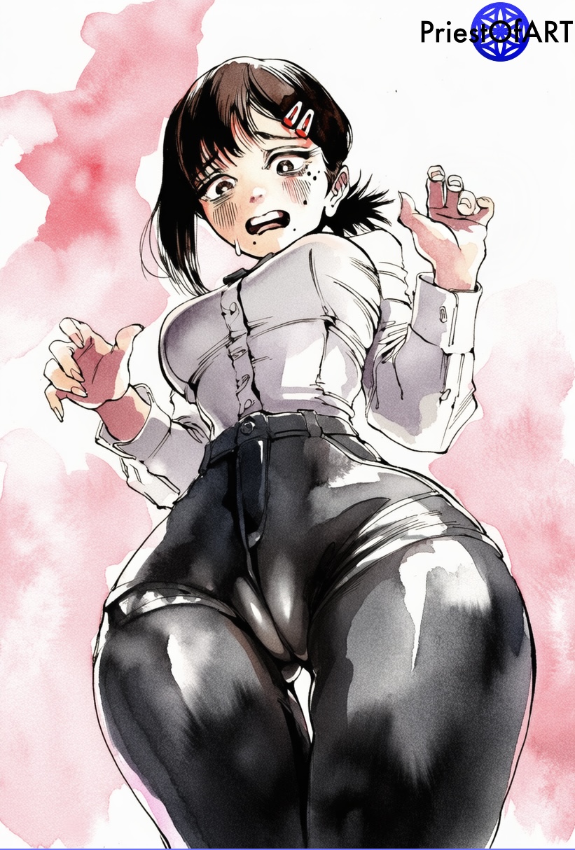 1girls, ai generated, blush, cameltoe, chainsaw man, curvy, curvy hips, embarrassed, female, female only, from below, higashiyama kobeni, pants, priestofart, shiny, shy, simple background, solo, solo female, sweatdrop, thick thighs, watercolor, watercolor (artwork), watermark, white background, wide hips