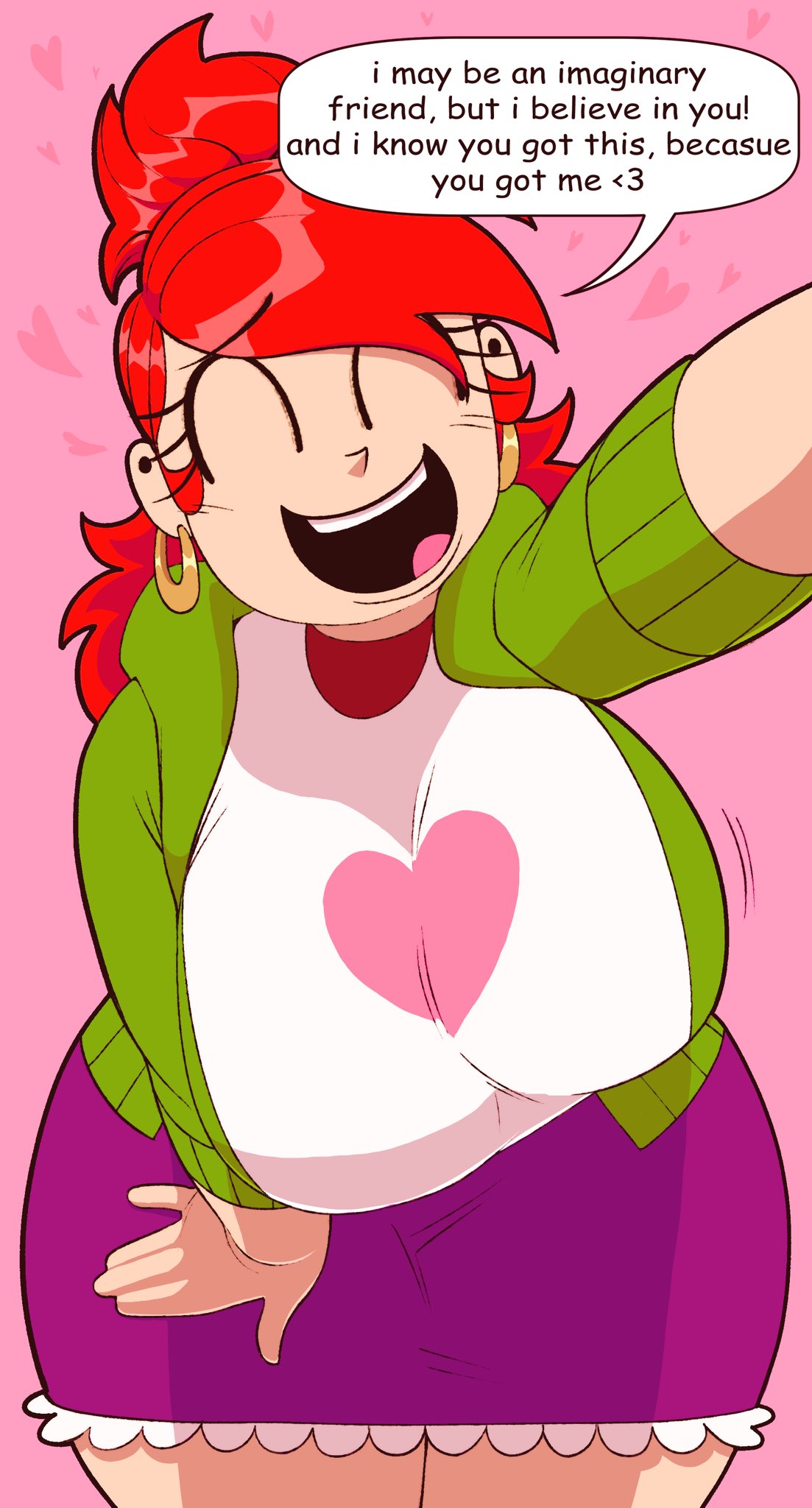 1girls, 2d, 2d (artwork), 2d animation, big breasts, big thighs, bottomwear, breasts, chubby, chubby female, female, foster's home for imaginary friends, frankie foster, green jacket, hair, heart, imaginary frankie, jacket, kookilooheavon, lips, looking at viewer, purple skirt, red hair, skirt, solo, stereodaddy, talking to viewer, thick, thick ass, thick butt, thick hips, thick legs, thick thighs, topwear, white shirt, wholesome