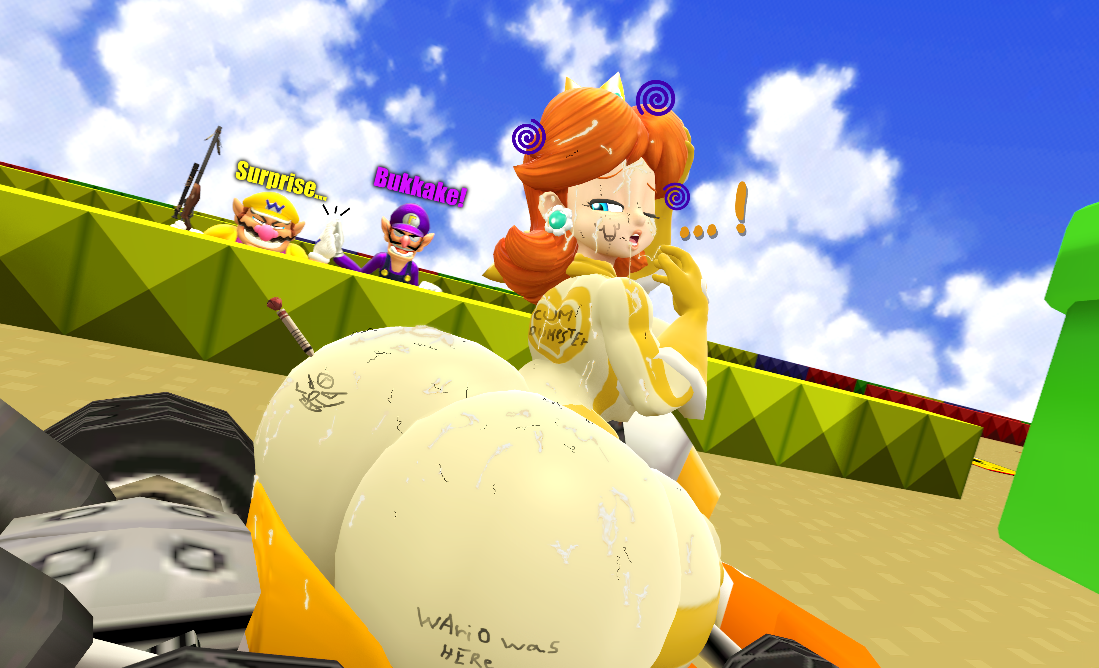 1female, 1girls, 2boys, 3d, after rape, bukkake, clothed, cum on body, dizzy, fat ass, fat butt, female, hetero, hetero sex, huge ass, male, mario (series), mario kart, nintendo, post rape, princess daisy, princess daisy (aero), pubes, rape, raped, raped superheroine, straight, super mario bros., text, thordersfm, tomboy, tranquilizer dart, waluigi, wario