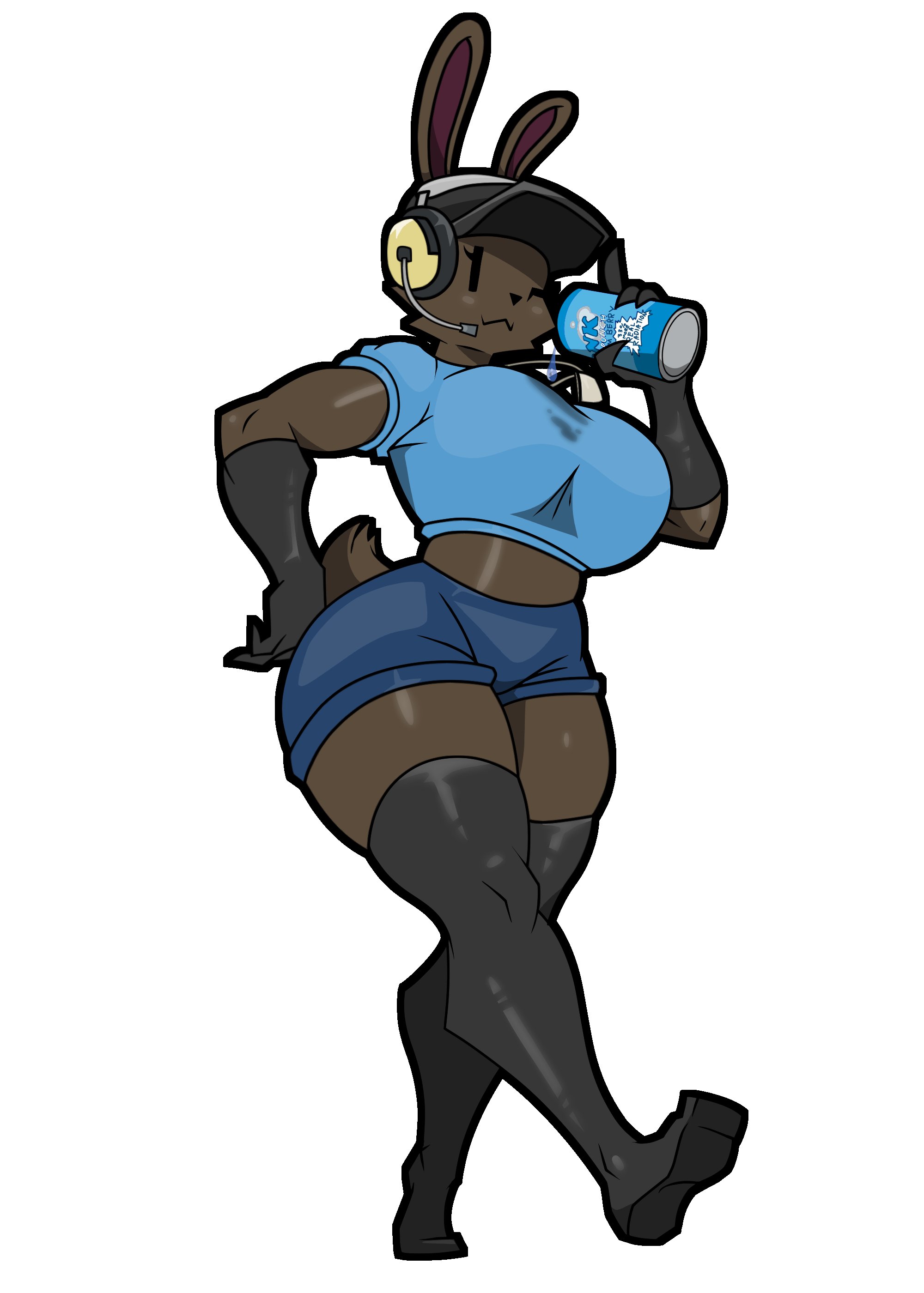 1anthro, 1female, 1girls, 2d, akumufluffy, anthro, anthro female, anthro only, armwear, big ass, big breasts, blueberry soda, brown fur, bunny ears, bunny girl, can, clothed, clothed female, clothing, dark fur, female, female only, fully clothed, furry, furry female, furry only, gloves, hand on hip, headphones, jpeg, legwear, lucy (usernamecipher), lucy the bun, posing, rabbit, rebecca the bun, shorts, smile, smiling, smiling at viewer, smirk, smirking, smirking at viewer, soda, solo, solo anthro, solo female, standing, tail, team fortress 2, tf2, thick thighs, thighhighs, voluptuous, voluptuous female