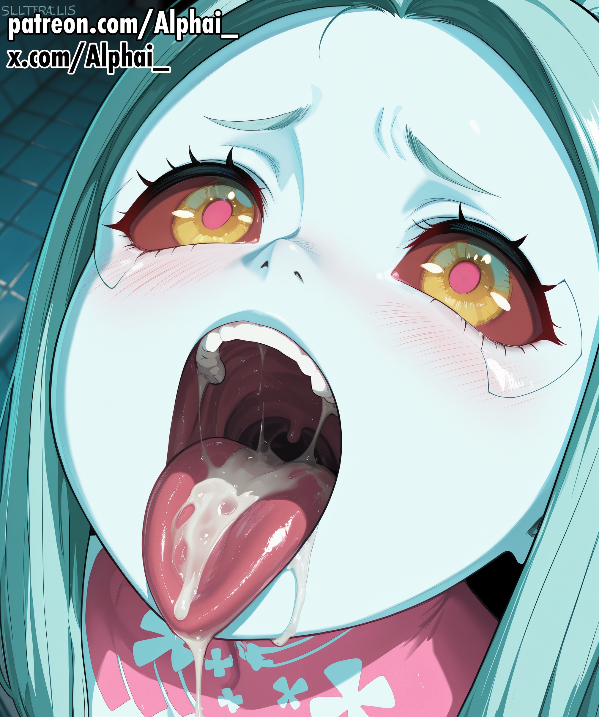 ahe gao, ai assisted, ai generated, alphai, ass, ass bigger than head, bathroom, bathtub, blue hair, blue skin, blush, blush lines, blushing female, breasts, cum in mouth, curvy, curvy female, curvy figure, cyberpunk (series), cyberpunk 2077, cyberpunk: edgerunners, cyborg, depth of field, dynamic angle, female, female focus, female only, flat chest, legs, open mouth, patreon, patreon exclusive, patreon url, patreon username, ponytail, rebecca (edgerunners), seductive eyes, sexy, sexy body, shiny skin, skin, skin gloss, skindentation, thick thighs, thighs, tongue out