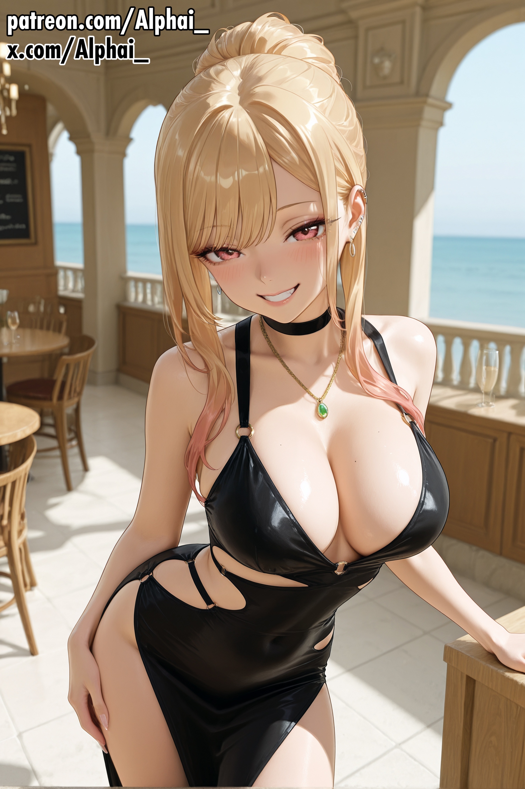ai assisted, ai generated, alphai, ass, ass bigger than head, ass focus, black dress, blush, blush lines, blushing female, bodycon, breast squeeze, breasts, cinematic lighting, clothing cutouts, curvy, curvy female, curvy figure, depth of field, dynamic angle, female, female focus, female only, front view, legs, marin kitagawa, naughty face, nipple slip, nipples, patreon, patreon exclusive, patreon url, patreon username, pussy, seductive eyes, sexy, sexy body, sexy standing pose, shiny skin, side slit, skin, skin gloss, skindentation, solo, sono bisque doll wa koi wo suru, thick thighs, thighs, updo, vagina