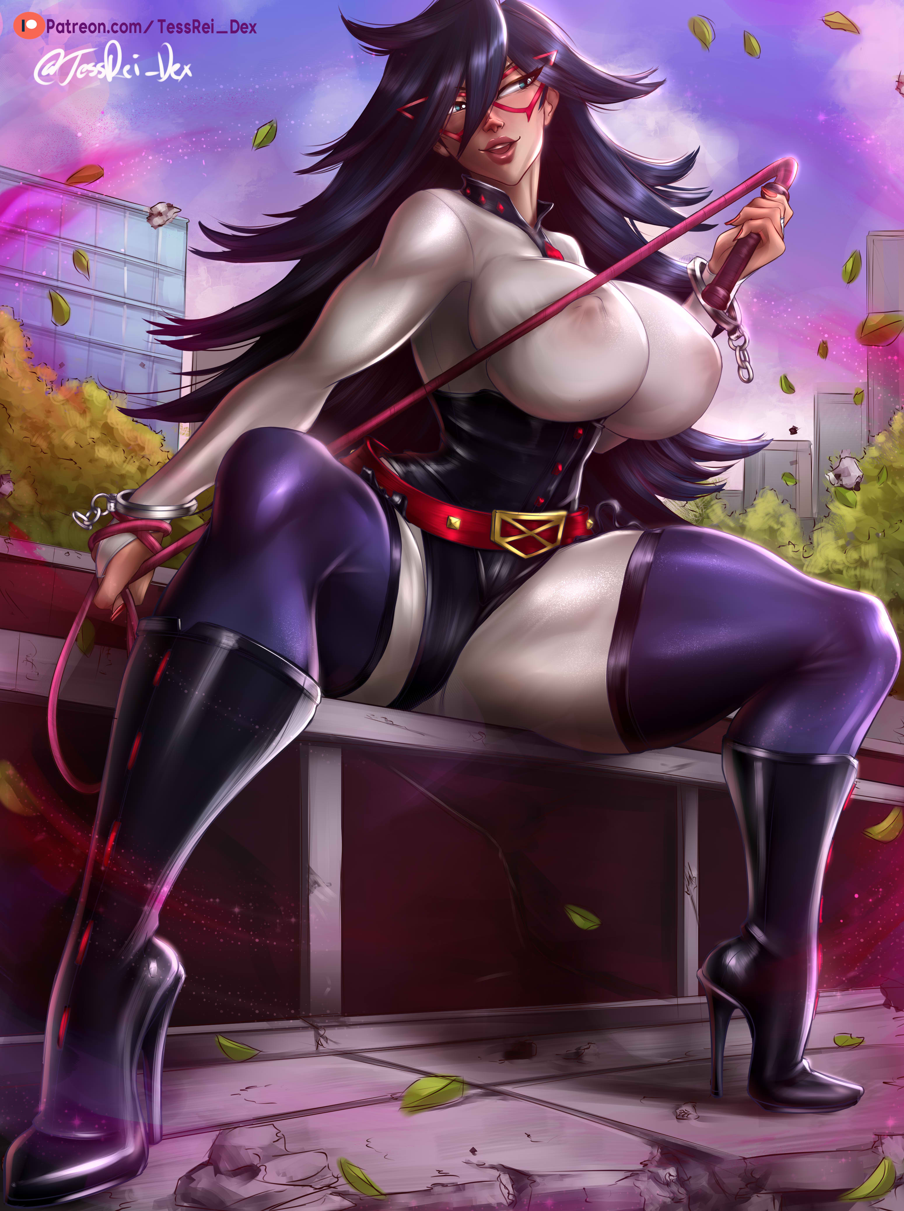 1girls, 2023, alternate version available, armwear, belt, big breasts, big lips, black hair, black thighhighs, blue eyes, breasts, deviantart link, domino mask, erect nipples, eyewear, female, female only, footwear, garter straps, hair, handcuffs, heels, high heels, hips, holding object, holding weapon, huge breasts, legwear, lips, long hair, midnight (my hero academia), my hero academia, nail polish, nails, nemuri kayama, nipple bulge, nipples visible through clothing, open mouth, platform heels, red nail polish, red nails, solo, solo female, superhero costume, superheroine, tessreidex, thick lips, thick thighs, thighhighs, weapon, whip, wide hips