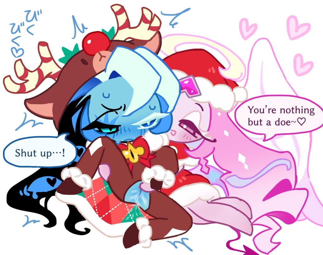 1boy, 1boy1girl, 1boys, 1girl1boy, 1girls, christmas, christmas eternal sugar cookie, christmas outfit, christmas shadow milk cookie, conversation, cookie run, cookie run kingdom, cuntboy, devsisters, dialogue, english text, eternal sugar cookie, exposed pussy, female, reindeer costume, santa hat, shadow milk cookie, tagme, teasing, touching pussy, yoku o (artist)