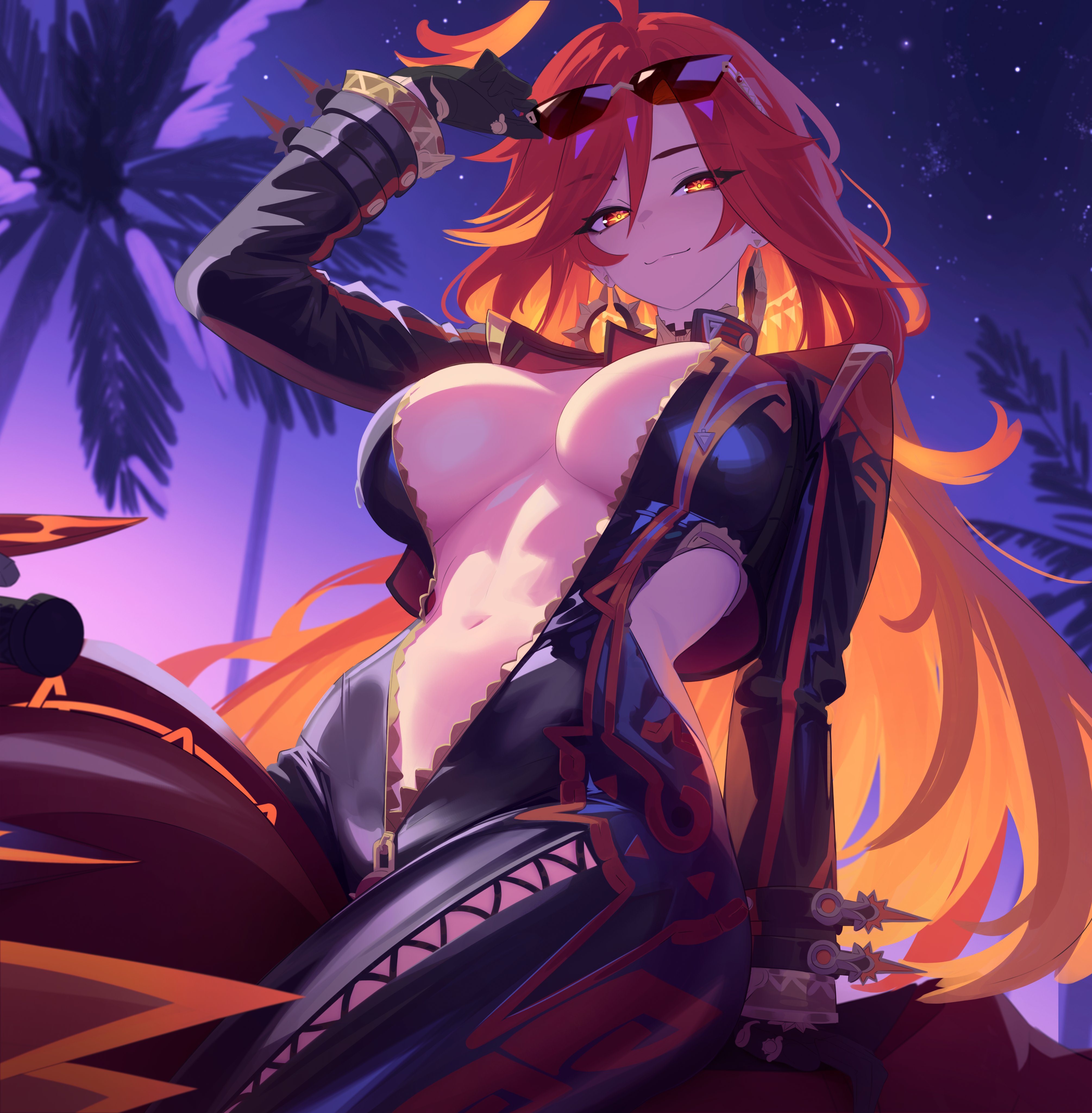 1girls, absurdres, anonds31, biker clothes, bikesuit, black bodysuit, black gloves, black jacket, bodysuit, breasts, cleavage, cropped jacket, detached collar, detailed background, earrings, eyewear on head, female, flamestrider (genshin impact), genshin impact, gloves, gold trim, human, human female, jacket, jewelry, large breasts, light skin, light-skinned female, long hair, long sleeves, looking at viewer, mavuika (genshin impact), motor vehicle, motorcycle, navel, night, night sky, on motorcycle, orange eyes, orange hair, orange pupils, red eyes, red hair, sky, slim waist, smile, solo, sun earrings, sunglasses, symbol in eye, symbol-shaped pupils, thighs, wide hips