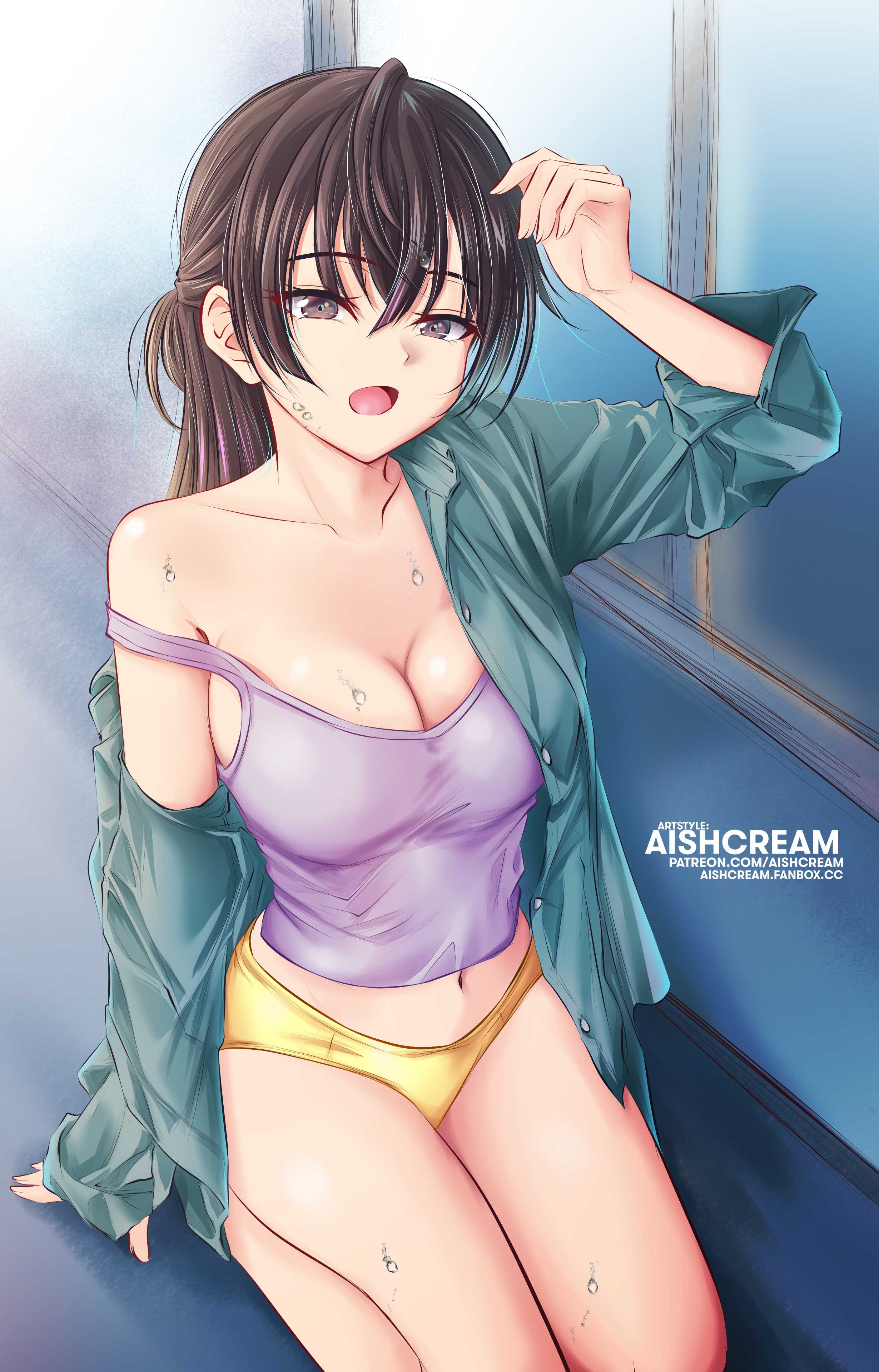 1girls, 2d, 2d (artwork), 2d artwork, aishcream, arm above head, arm up, bare arms, bare belly, bare calves, bare chest, bare hands, bare knees, bare legs, bare navel, bare shoulders, bare skin, bare thighs, belly, belly button, breasts, brown eyebrows, brown eyes, brown hair, brown-eyed female, brown-haired female, busty, busty female, busty girl, busty teen, calves, camisole, cleavage, collarbone, digital, digital art, digital drawing, digital drawing (artwork), digital media, digital media (artwork), exposed arms, exposed belly, exposed calves, exposed chest, exposed legs, exposed navel, exposed shoulders, exposed skin, exposed thighs, eyebrows visible through hair, female, female focus, female only, fingernails, fingers, full body, groin, hair between eyes, hand above head, hand up, high resolution, high school student, highres, hourglass figure, knees, large breasts, lean figure, legs, legs folded, long hair, looking at viewer, midriff, narrow waist, navel, open mouth, outdoor, outdoors, outside, panties, parted lips, purple camisole, school girl, seiza, shoulders, sitting, sitting on floor, sitting on ground, sitting on knees, slender body, slender waist, slim waist, solo, suou yuki, teen girl, teenage girl, teenage tits, teenager, thick thighs, thighs, tokidoki bosotto russian de dereru tonari no alya-san, tongue, underwear, wide hips, yellow panties, yellow underwear, young female, young woman