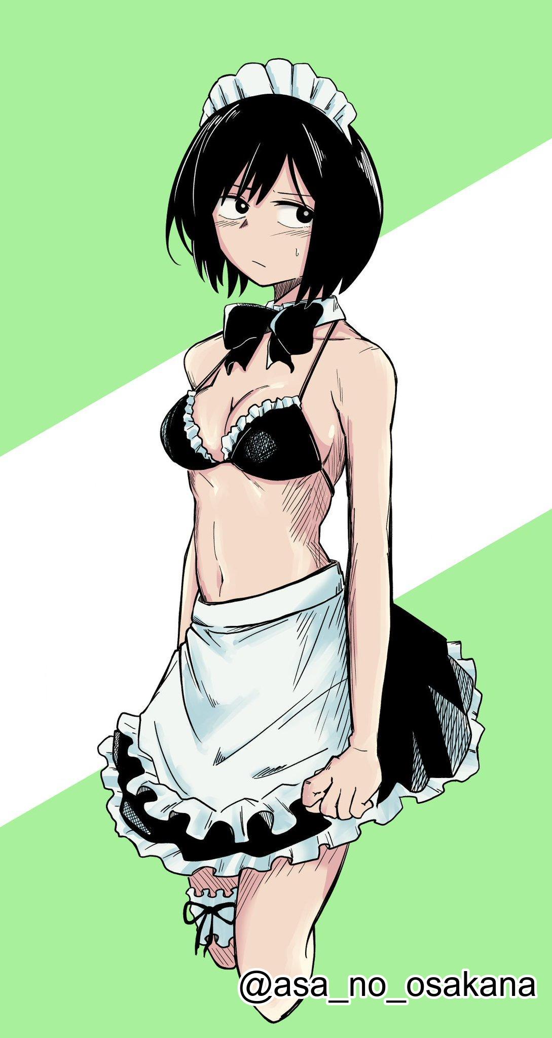 1girls, 2d, 2d (artwork), 2d artwork, adult, adult female, asa no osakana, bare arms, bare belly, bare chest, bare hands, bare midriff, bare navel, bare shoulders, bare skin, belly, belly button, bikini, bikini top, black bikini, black bikini top, black bowtie, black eyes, black hair, black swimsuit, black swimwear, black-eyed female, black-haired female, blush, blush face, blushing female, blushing lines, bowtie, breasts, cleavage, collar, collarbone, digital, digital art, digital drawing, digital drawing (artwork), digital media, digital media (artwork), exposed arms, exposed belly, exposed chest, exposed midriff, exposed navel, exposed shoulders, exposed skin, female, female focus, female only, green background, halterneck, high resolution, highres, honda kabura, lean figure, linea alba, maid, maid apron, maid bikini, maid cap, maid dress, maid headdress, maid outfit, maid uniform, mature, mature female, medium breasts, midriff, narrow waist, navel, petite, petite body, petite breasts, petite female, petite girl, petite tits, short hair, shoulders, simple background, skirt, slender body, slender waist, slim waist, solo, standing, stomach, string bikini, swimsuit, swimwear, upper body, white background, white collar, yofukashi no uta