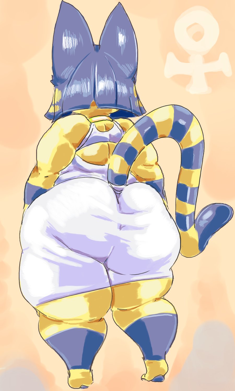 2021, animal crossing, ankha, ass, back view, big ass, big butt, blue hair, bottom heavy, bubble ass, bubble butt, cat ears, cat tail, choker, clothed, egyptian, fat ass, fat butt, female, female only, huge ass, huge butt, kiseff, large ass, large butt, nintendo, thick ass, thick thighs, thighs, wide hips, yellow background, yellow fur