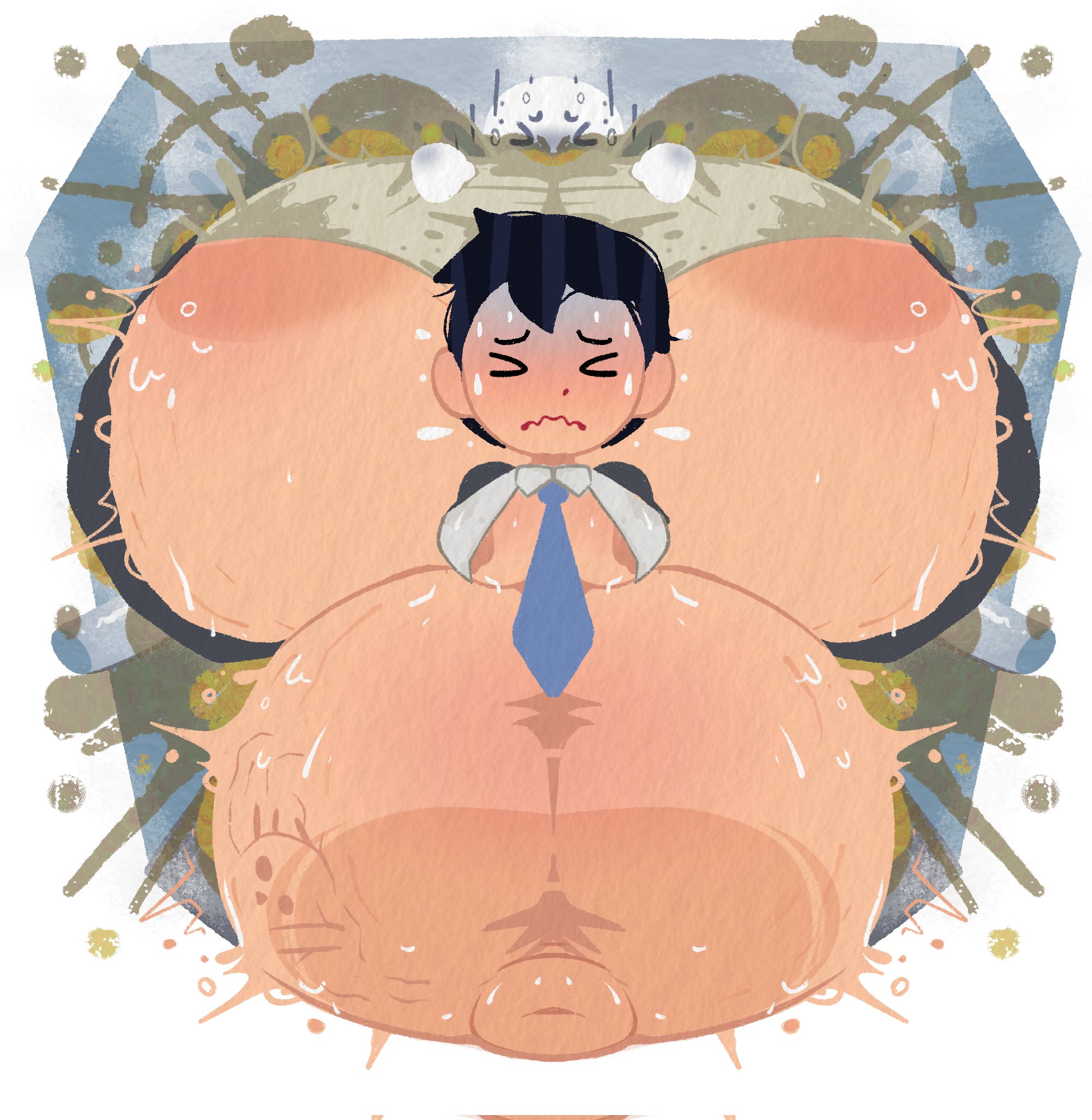 1boy, alternate version available, ambiguous gender, anon, ass, big ass, big butt, bones in stomach, butt, cellulite, closed eyes, digestion, dirty underwear, elevator, facefart, facesitting, fart, fart cloud, fart fetish, farting, farting in face, fat ass, fat butt, huge ass, huge butt, implied vore, irasutoya, male, mrweirdworkz, sitting on person, sweat, sweating, thick ass, thick butt, vore, vore belly, weirderworkz