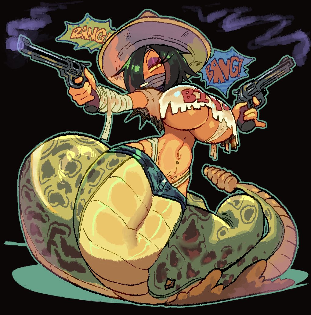 2026, 2d (artwork), anthro, apode, big breasts, black background, black hair, bottomwear, breasts, cigarette, cigarette in mouth, clothing, denim, denim bottomwear, denim clothing, denim shorts, draconcopode, eyebrows, eyelashes, eyeshadow, female, gun, hair, hair over eye, handgun, hat, headgear, headwear, highres, holding gun, holding handgun, holding object, holding ranged weapon, holding revolver, holding weapon, legless, long eyelashes, long hair, looking at viewer, makeup, mask, naga, narrowed eyes, navel, navel piercing, object in mouth, piercing, pink eyeshadow, pit viper, ranged weapon, rattlesnake, reptile, revolver, scalie, serpentine, shirt, shorts, simple background, small waist, smoke, snake, solo, sombrero, sound effects, spicyfuse, tank top, thong straps, topwear, torn clothing, under boob, viper, weapon, wrapped arms, wraps, yellow sclera