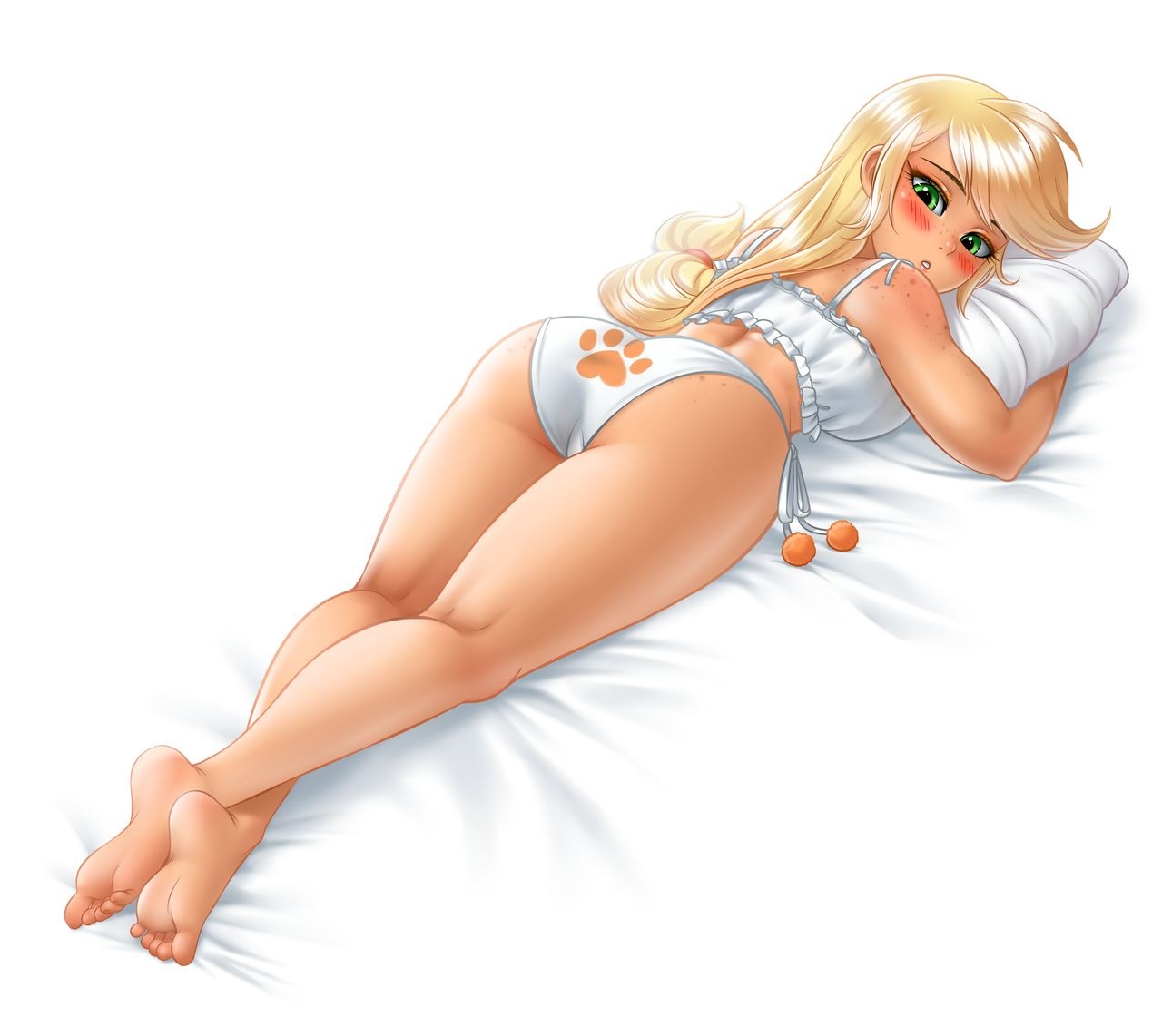 applejack (mlp), bed, blonde hair, blush, bra, breasts, cat keyhole bra, cat keyhole lingerie, cat lingerie, cleavage, cleavage cutout, female, freckles, human, humanized, long hair, lying, lying down, my little pony, not furry, panties, pinup, pose, racoonkun, seductive, sheets, sideboob, smooth skin, tan, tan skin, thick thighs, underwear, wide hips