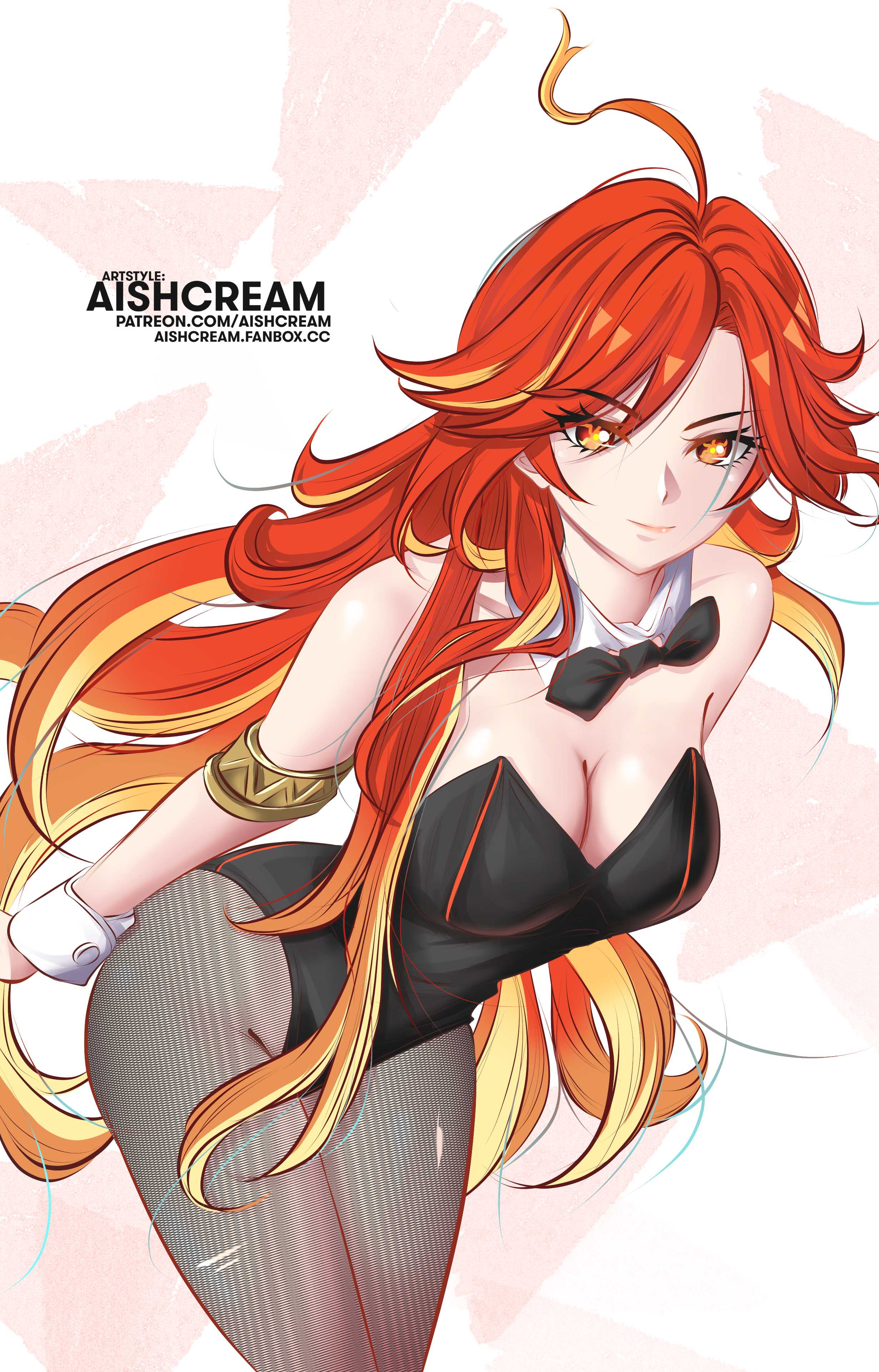 1girls, 2d, 2d (artwork), 2d artwork, ahoge, aishcream, bare arms, bare chest, bare shoulders, bare skin, black bowtie, black bunny ears, black bunnysuit, black hairband, black leotard, black topwear, bowtie, breasts, bunnysuit, cleavage, closed mouth smile, collar, collarbone, curvaceous, curvaceous body, curvaceous female, curvaceous figure, curvaceous hips, curvy, curvy body, curvy female, curvy figure, curvy hips, digital, digital art, digital drawing, digital drawing (artwork), digital media, digital media (artwork), exposed arms, exposed chest, exposed shoulders, exposed skin, eyebrows visible through hair, female, female focus, female only, fishnet pantyhose, fishnets, genshin impact, ginger, ginger hair, gradient hair, grey legwear, grey pantyhose, grey tights, head tilt, high resolution, highres, hourglass figure, large breasts, lean figure, leaning forward, leanning, legs closed, legs together, legwear, long hair, looking at viewer, mavuika (genshin impact), multicolored hair, narrow waist, orange eyes, orange hair, orange hair female, orange-eyed female, orange-haired female, pantyhose, parted bangs, shoulders, simple background, slender body, slender waist, slim waist, smile, smiley face, smiling, smiling at viewer, solo, standing, thick thighs, thighs, thighs together, tights, tilted head, upper body, white background, white collar, white wrist cuffs, wide hips, wrist cuffs
