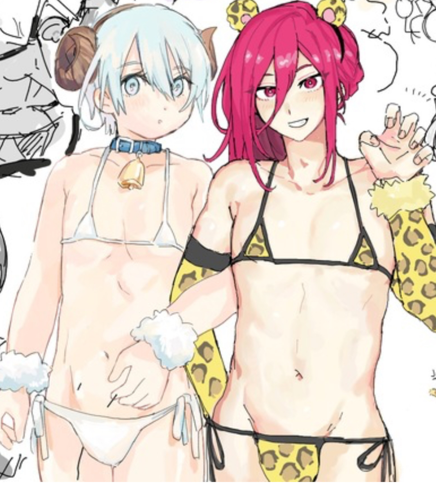 2femboys, bikini, bikini only, blue eyes, blue hair, blue lock, breedable hips, cat paw, cheetah, cheetah print, cheetah print bikini, cute, cute male, femboy, femboy focus, femboy only, feminine body, feminine male, feminization, hiori yo, hyoma chigiri, long hair, looking at viewer, multiple boys, pale, pale-skinned female, posing, posing for the viewer, red eyes, red hair, sexy, sexy body, slender, slender body, staring, thong, twink, v line