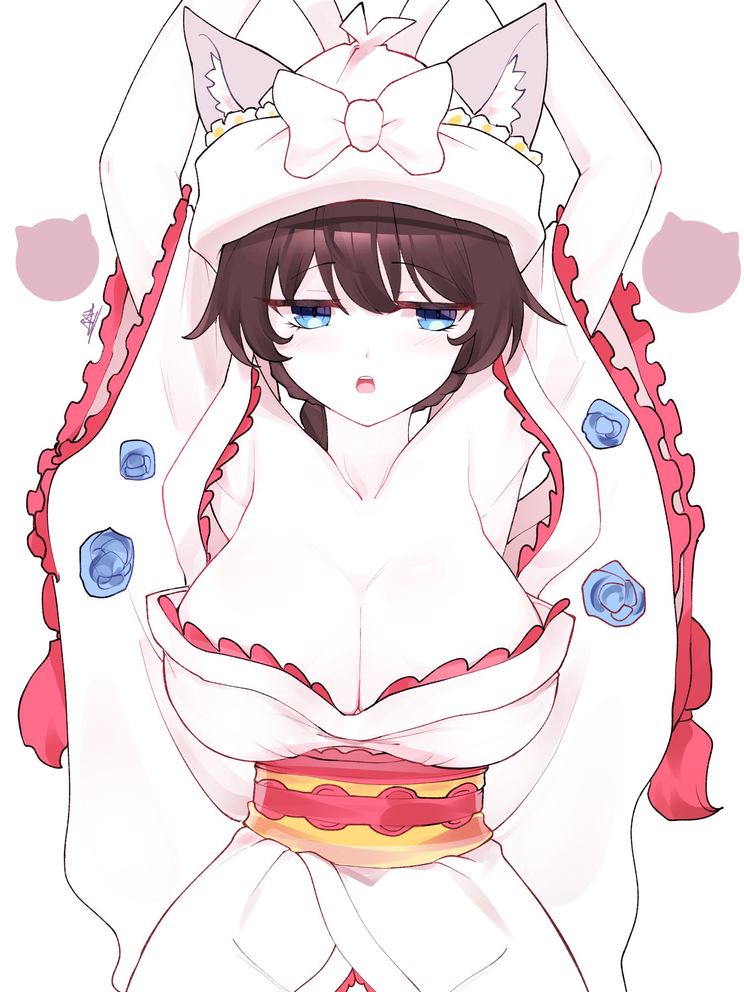 1girls, 2024, animal ears, armpits, arms up, big breasts, black hair, blue eyes, blush, breast press, breasts, cat ears, cat girl, cleavage, color, colored, curvy, curvy figure, embarrassed, feline, female, female only, fully clothed, hat, hi res, light skin, light-skinned female, mitama (battle cats), no bra, nyanko daisensou, open mouth, ponytail, rak rak yee, simple background, solo, solo female, the battle cats, video game character, white background, white body