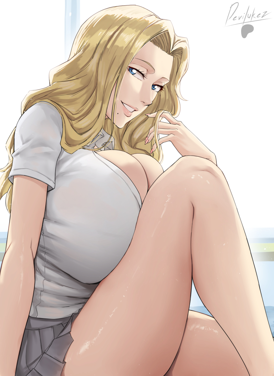 1girls, bleach, defined nose, devilukez, fat breasts, female, female only, flat belly, huge breasts, light skin, light-skinned female, matsumoto rangiku, school uniform, solo