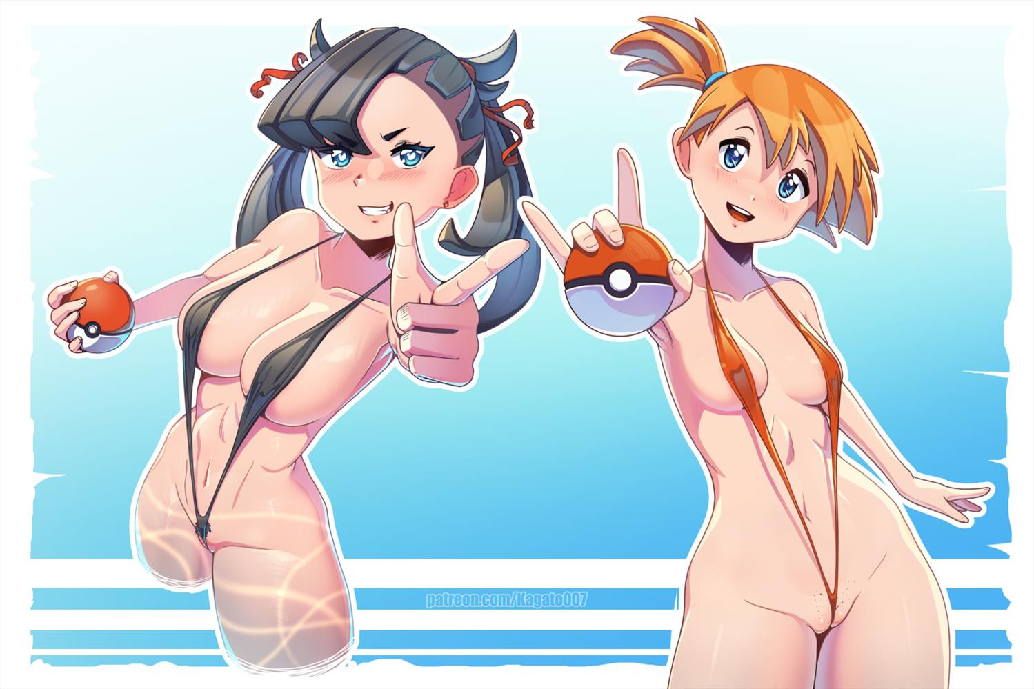 2girls, abs, alternate breast size, asymmetrical hair, bare shoulders, bikini, black hair, black-haired female, breasts, cleft of venus, cowboy shot, female, female only, female pubic hair, green eyes, gym leader, hair tie, holding, holding poke ball, kagato007, kasumi (pokemon), large breasts, looking at viewer, marnie (pokemon), medium breasts, multiple girls, navel, nintendo, nipples, one-piece swimsuit, orange hair, orange-haired female, poke ball, pokemon, pokemon rgby, pokemon swsh, ponytail, pubic hair, pubic stubble, short hair, side ponytail, sitting, slingshot swimsuit, smile, swimsuit, thighs
